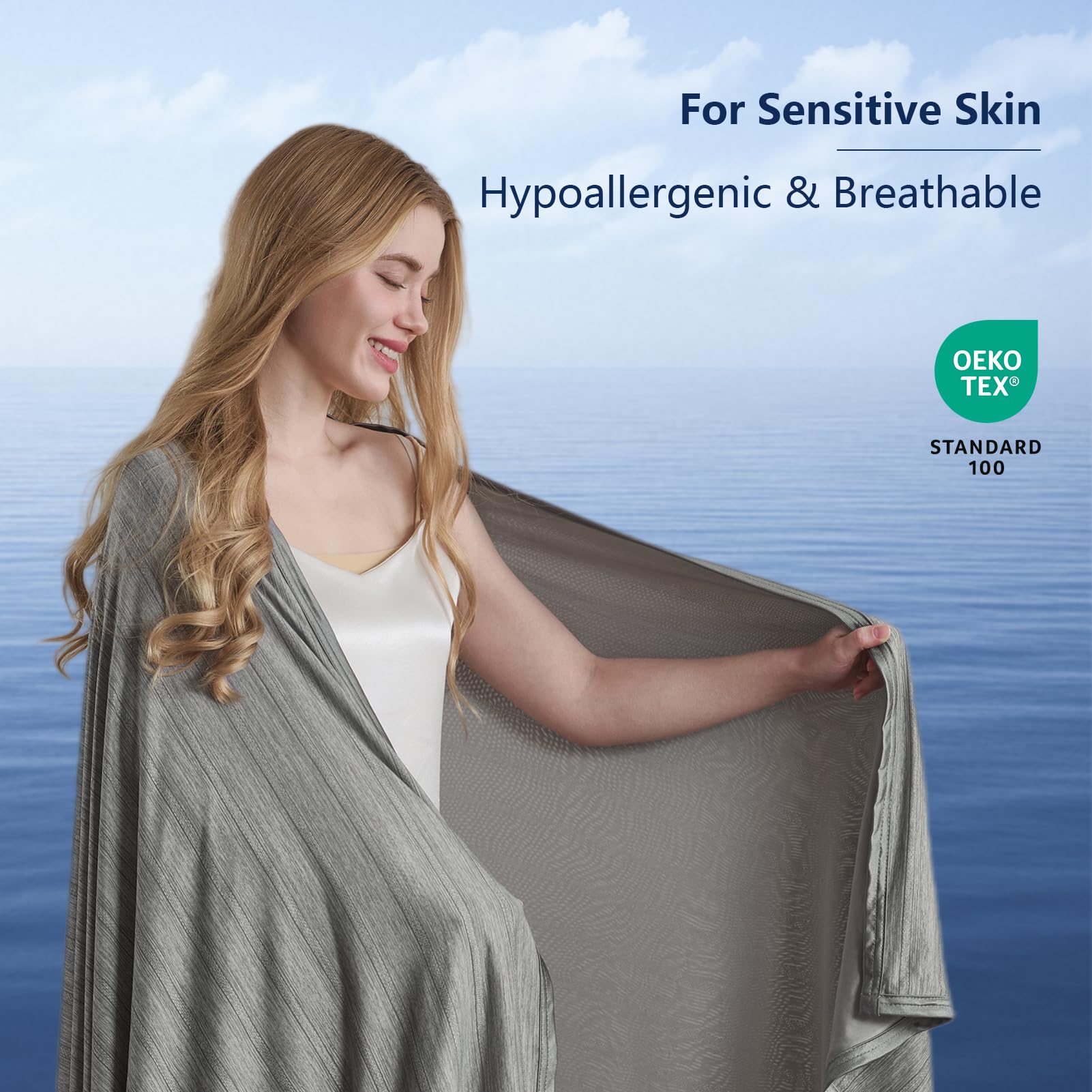 OMERAI Manta Refrescante 200 x 220 cm para Sudores Nocturnos, Manta de Verano Q-MAX > 0,5, Doble Cara, Transpirable y Ligera para Cama, Sofá y Viaje, Gris