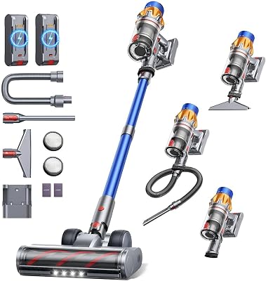 Fieety Kabelloser Akku-Staubsauger mit 2 Akkus, 130 Min Laufzeit, 50Kpa/600W Starke Saugkraft, Automatikmodus, Wandmontierte Ladestation, 1.5M Schlauch für Hartböden Teppiche Tierhaare Auto