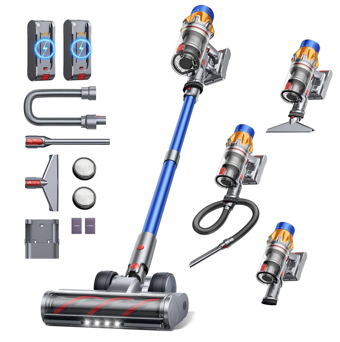 Fieety Kabelloser Akku-Staubsauger mit 2 Akkus, 130 Min Laufzeit, 50Kpa/600W Starke Saugkraft, Automatikmodus, Wandmontierte Ladestation, 1.5M Schlauch für Hartböden Teppiche Tierhaare Auto