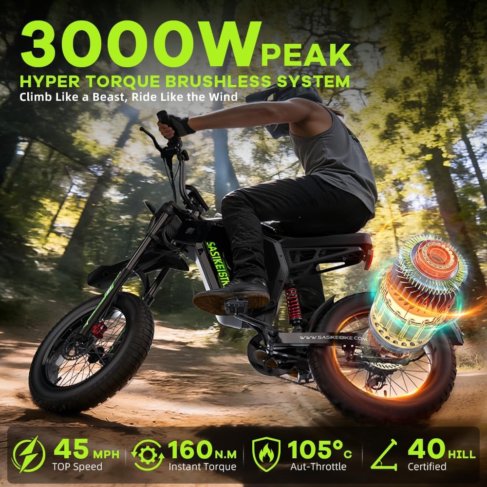 3000W Motor Peak Electric Motorcycle for Adults, 52V 35AH 45MPH+ Ebikes for Adults,20" Fat Tire Electric Dirt Bike,100 Miles Mountain Off-Road E Dirt Bike,Dual Hydraulic Brakes UL Certified