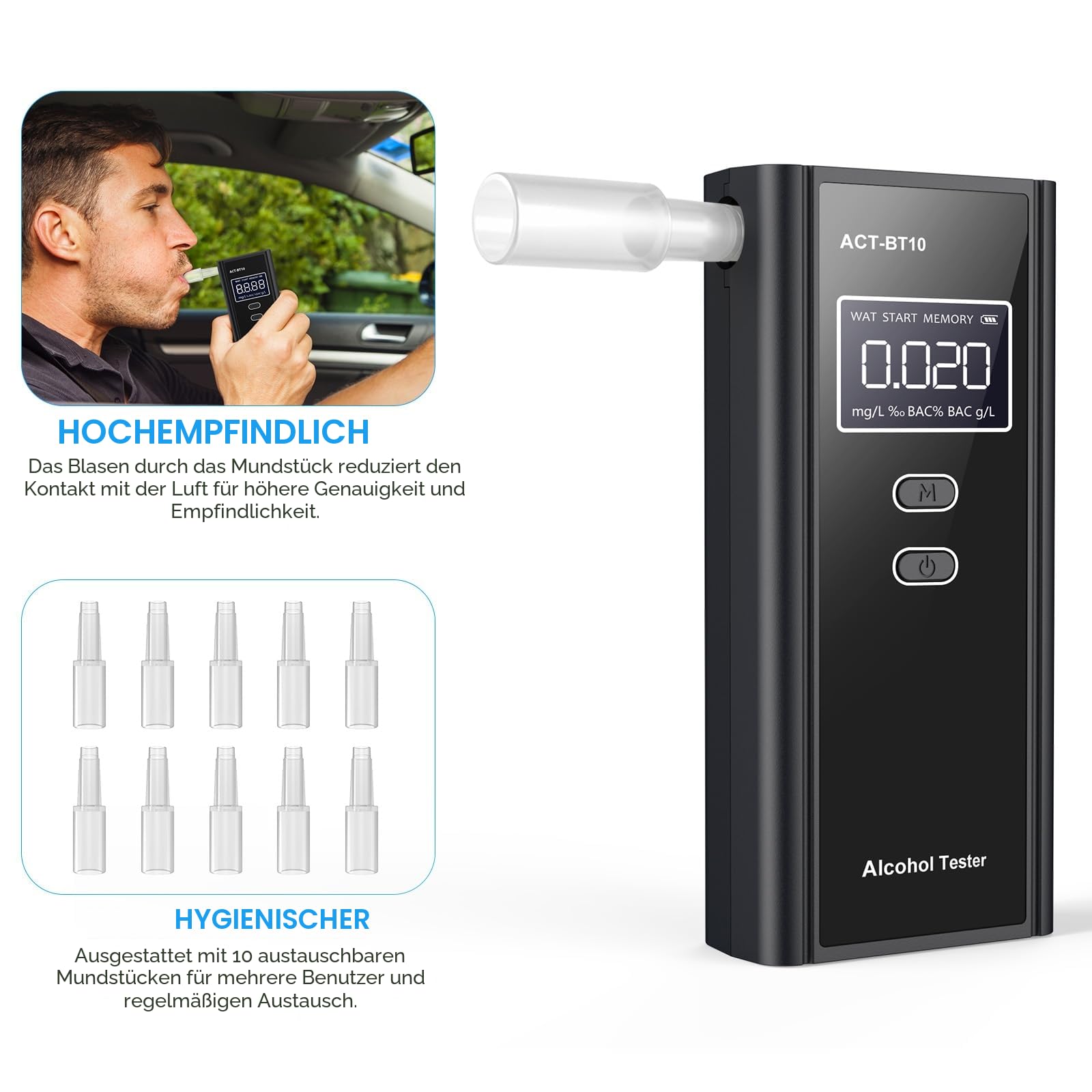 Alkoholtester Polizeigenau, Professioneller Alkoholmessgerät mit digitaler LCD-Anzeige Promillemessgerät Atemalkoholtester mit 10 Mundstücken, Gradgenauigkeit für Outdoor Patry