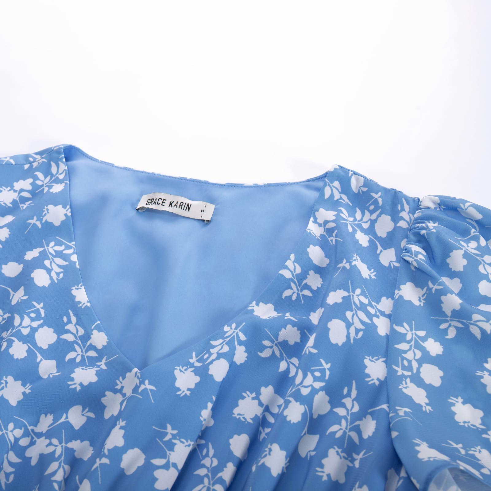 GRACE KARIN Vestido Midi para Mujer Manga Corta Cuello en V Cintura Elástica Línea A Acampanado