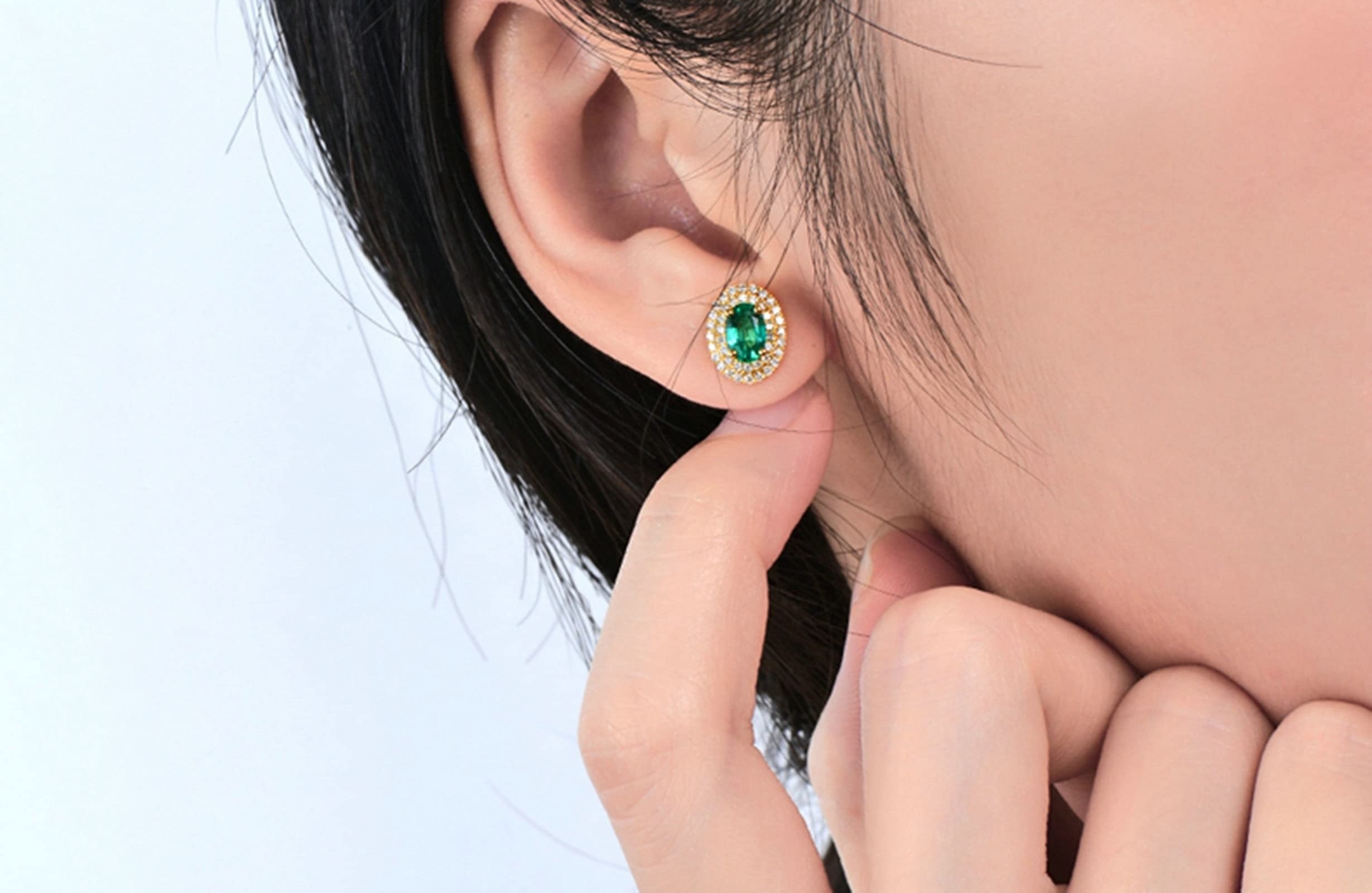 Epinki 18K Gold Damen Ohrringe Oval Glitzer Diamant Ohrstecker Gold mit Weiß Grün Diamant Smaragd