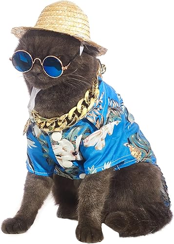 Miniatura 9 de Camisetas hawaianas para perro, ropa de verano para mascotas, gafas de sol de gato, divertido sombrero de paja, disfraces de gatito con collar de