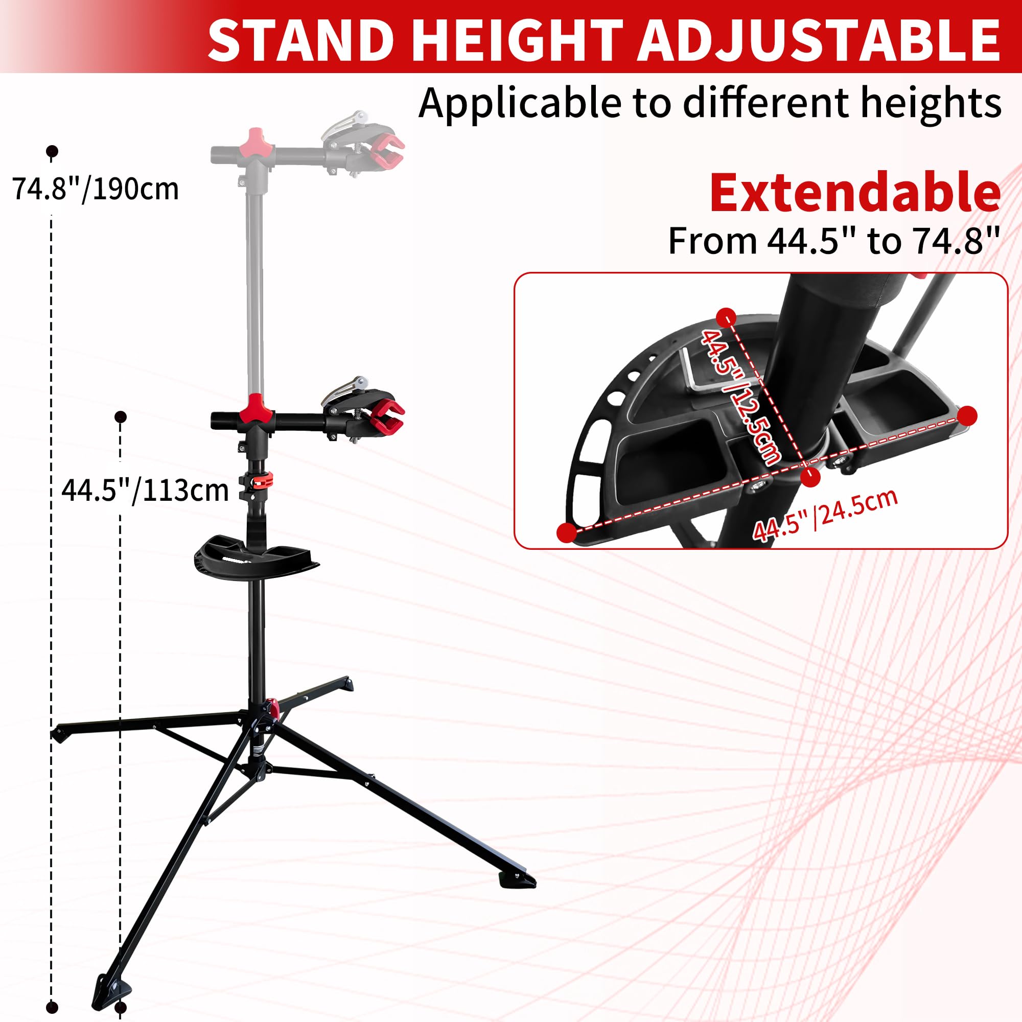 Soporte de trabajo para bicicleta, altura ajustable, soporte de reparación de bicicletas, estación de mantenimiento plegable con bandeja de herramientas, abrazadera giratoria de 360 grados para