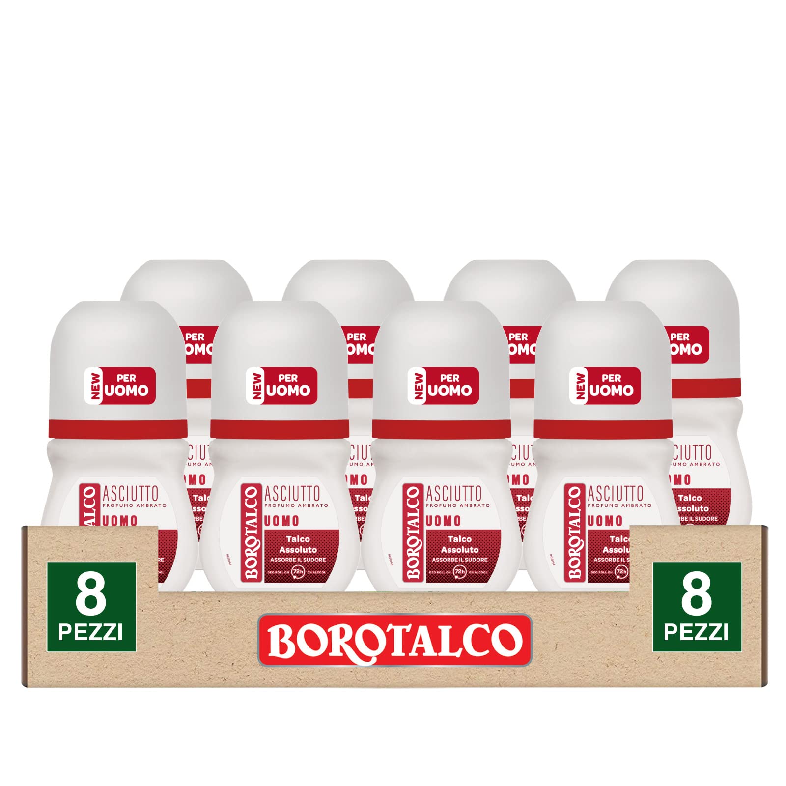 Borotalco Deodorante Roll On Asciutto per Uomo Deo 72h con Talco Assoluto Assorbe il Sudore Senza Alcol Profumo Ambrato - 8 Flaconi da 50ml