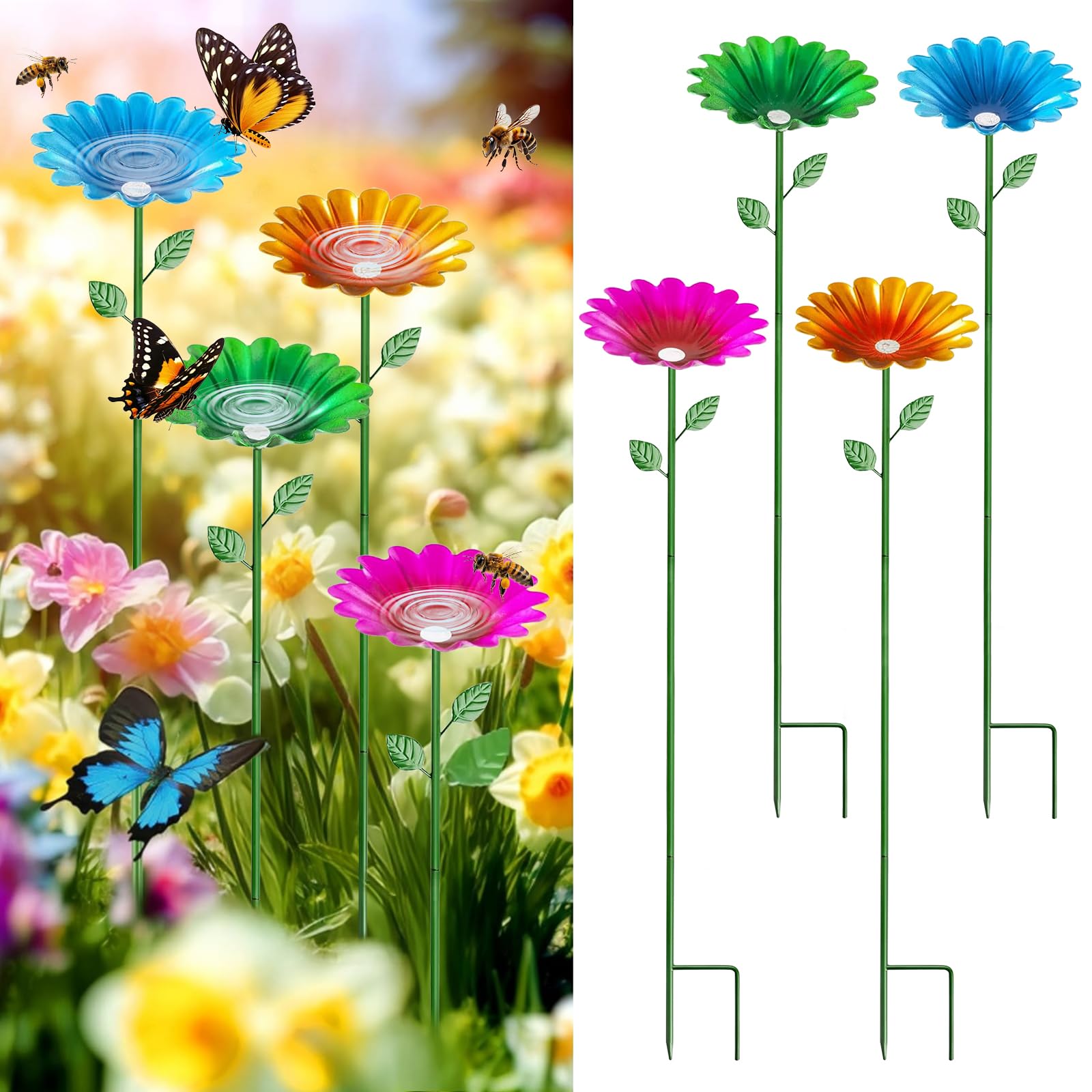 Bee Watering Station, 4 Pack Metal Bee Bath for Garden, Colorful Flower Shaped Bee Water Feeder Butterfly Drinking Station for Garden Decor, Attract Butterflies & Pollinators