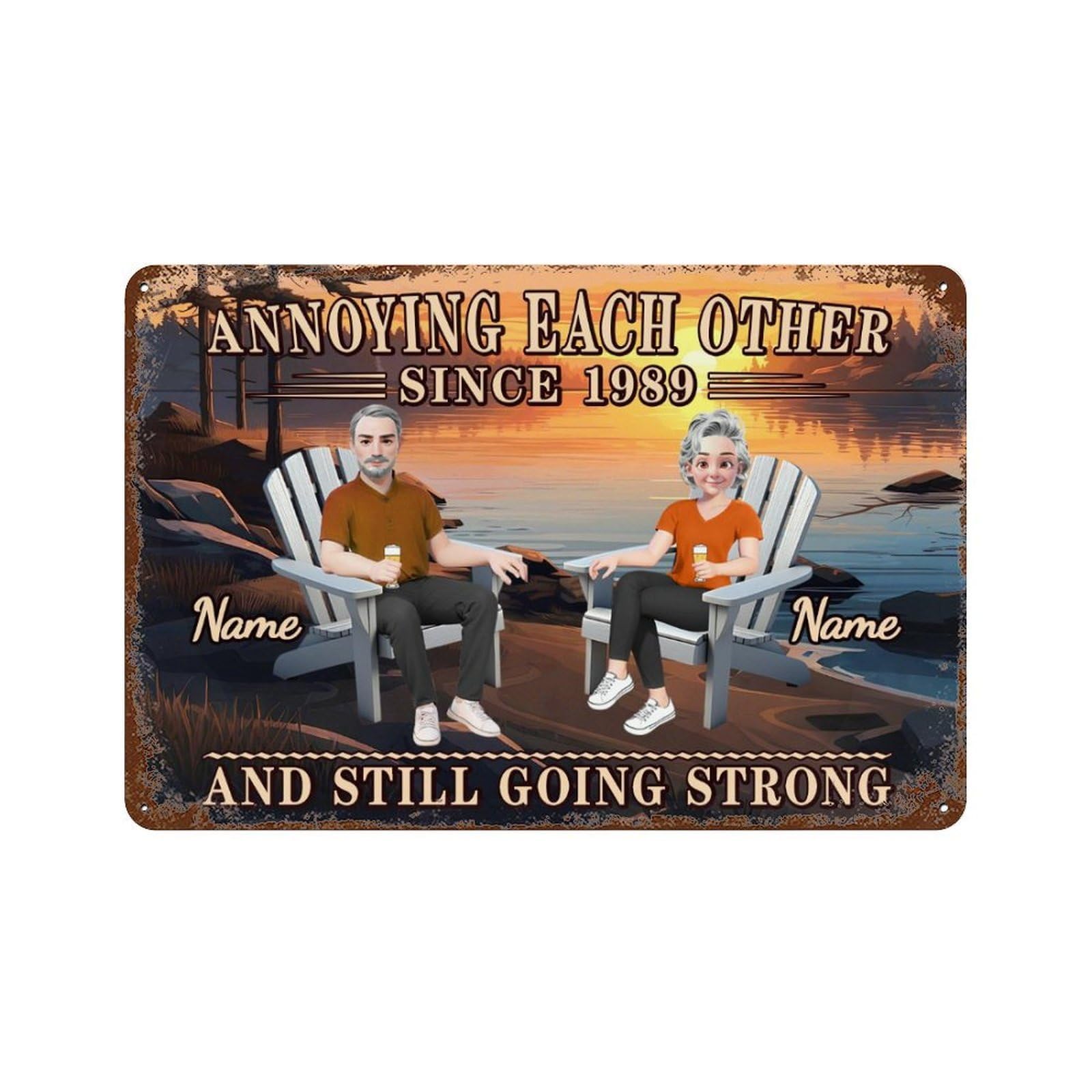 Personalized Annoying Each Other Since and Still Going Strong Couple Metal Sign for Lover Her Him Custom Couple Names Cartoon Portrait Sunset Lake View Rustic Sign for Patio Garden Farmhouse Porch