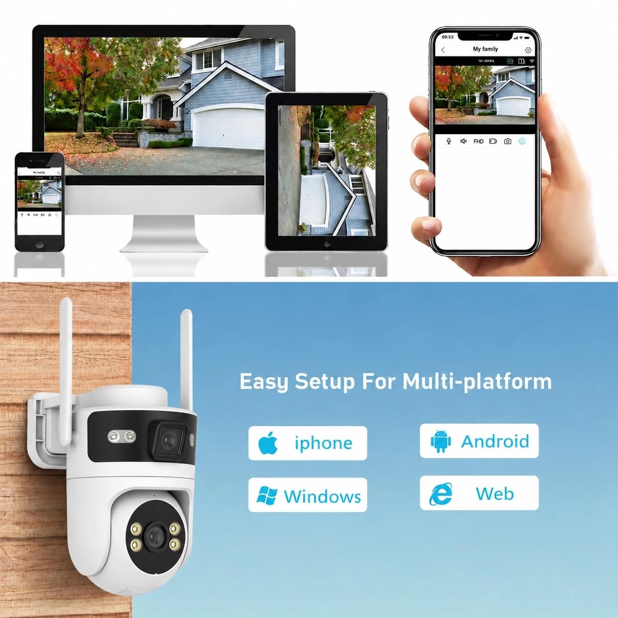 Kamera zewnętrzna WLAN do monitoringu 6 MP Dual Lens, 3 MP + 3 MP PTZ z obrotem o 355°, rozpoznawanie i śledzenie osób, kolorowa widoczność w nocy, dwukierunkowe audio, wodoszczelność IP66
