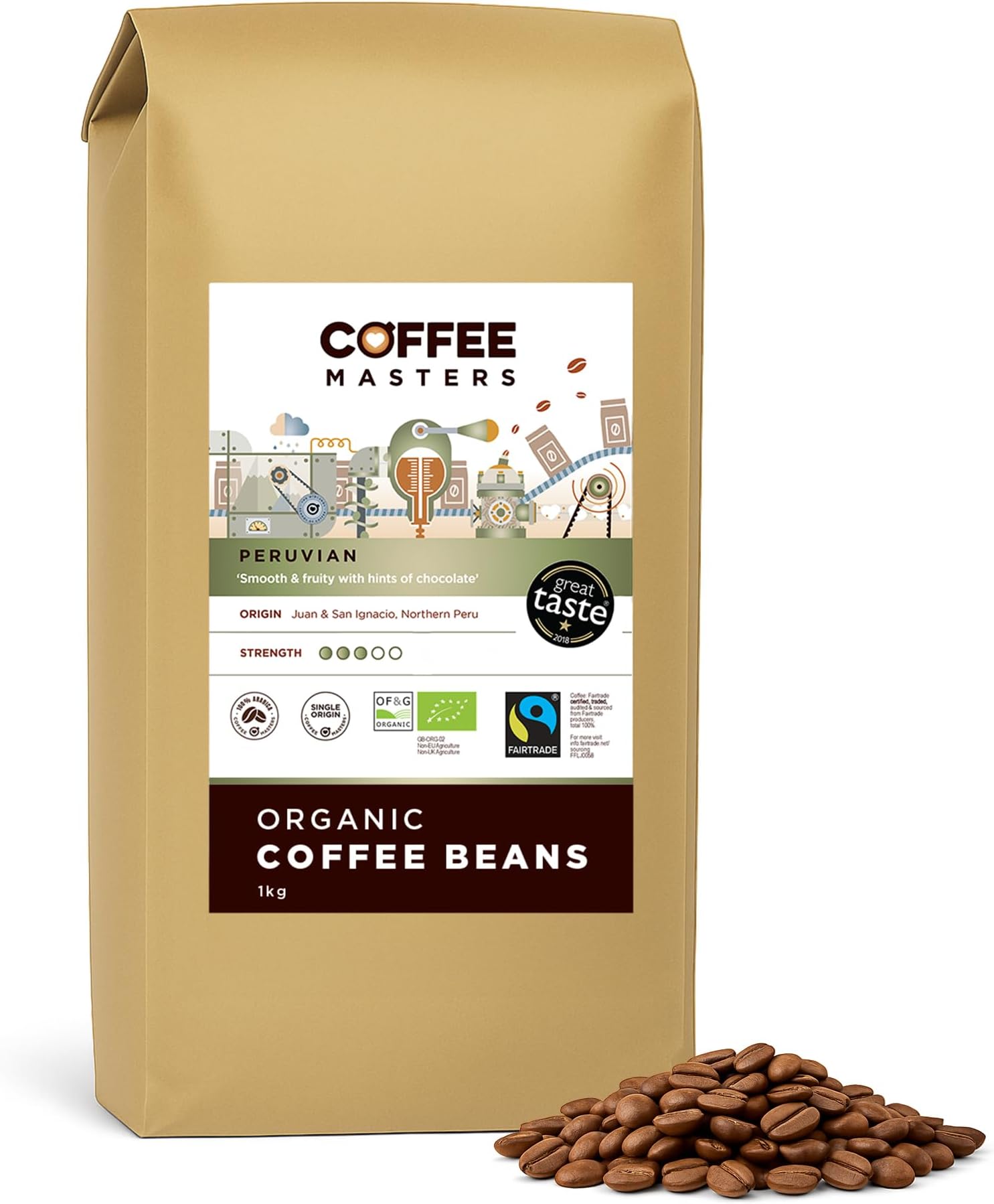 – Coffee Masters Peruvian, Organic, Fairtrade, Coffee Beans - Great Taste Award Winner 2018 (1 Pack x 1 Kg)