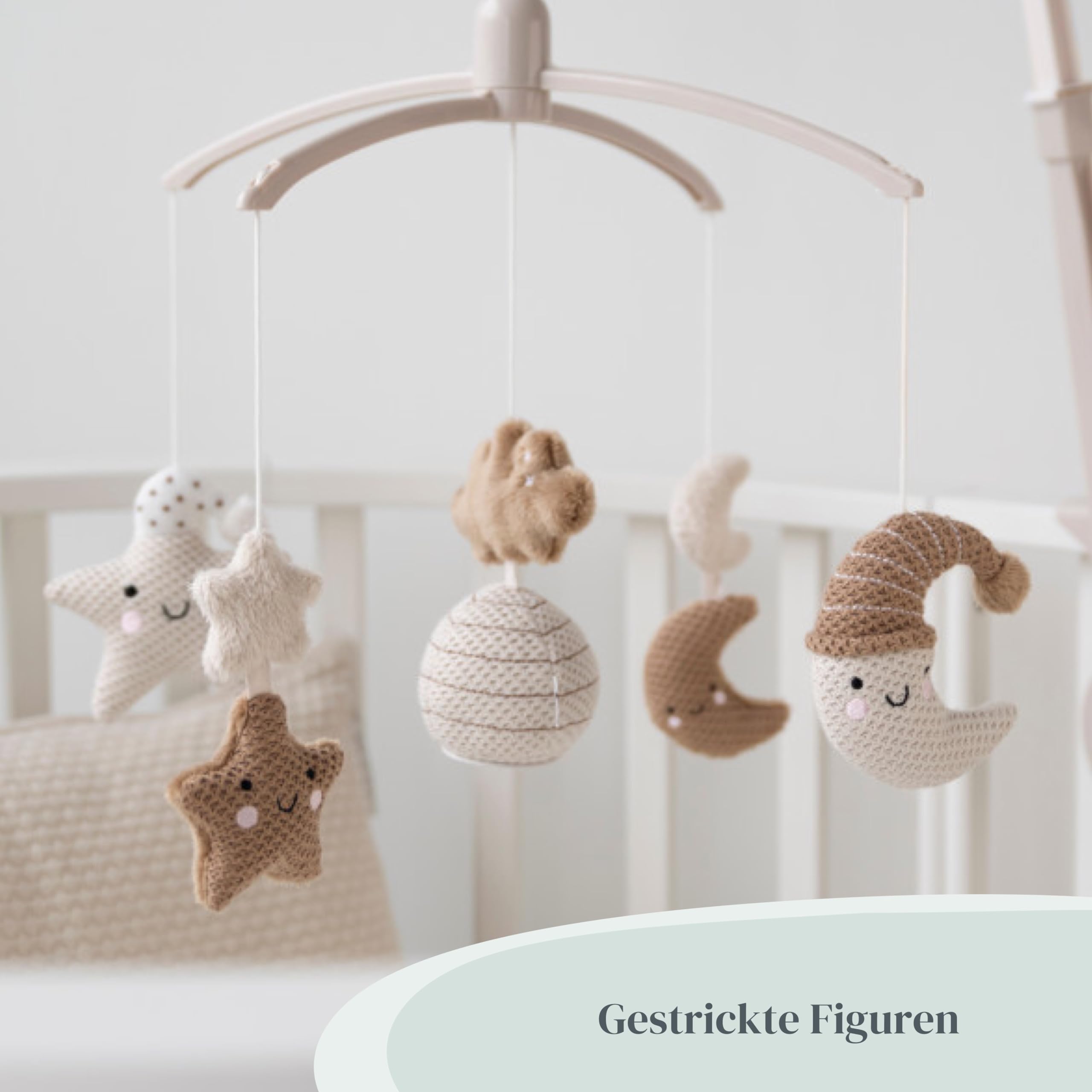 Baby's Only - Musik Mobile Baby Heaven - Mit gestrickten Figuren - Baby Spieluhr mit Musik - Einfach anzubringen - Mobile Baby mit Musik - Für Jungen und Mädchen - Clay/Warm Linen