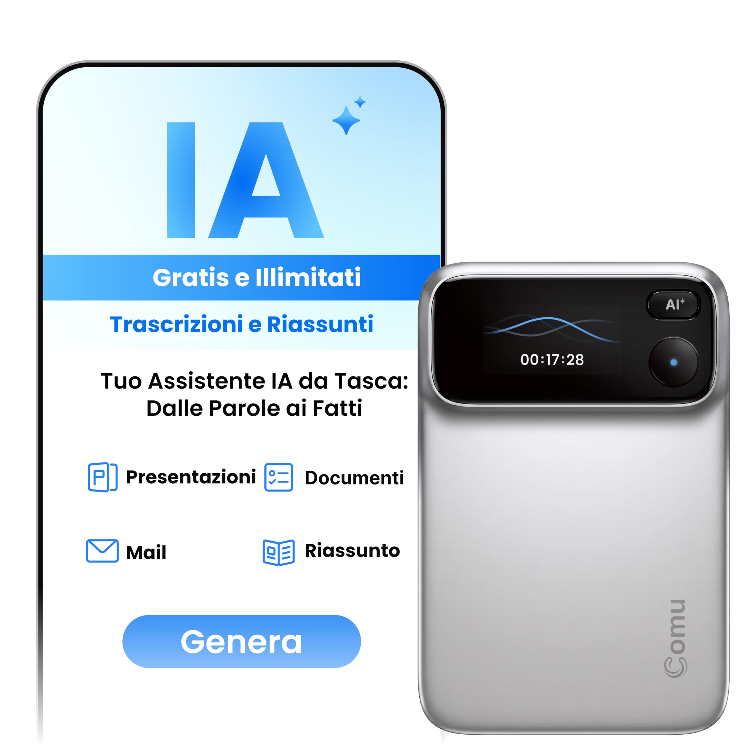 Comu Action Pro Registratore Vocale AI, Assistente Intelligente per Note