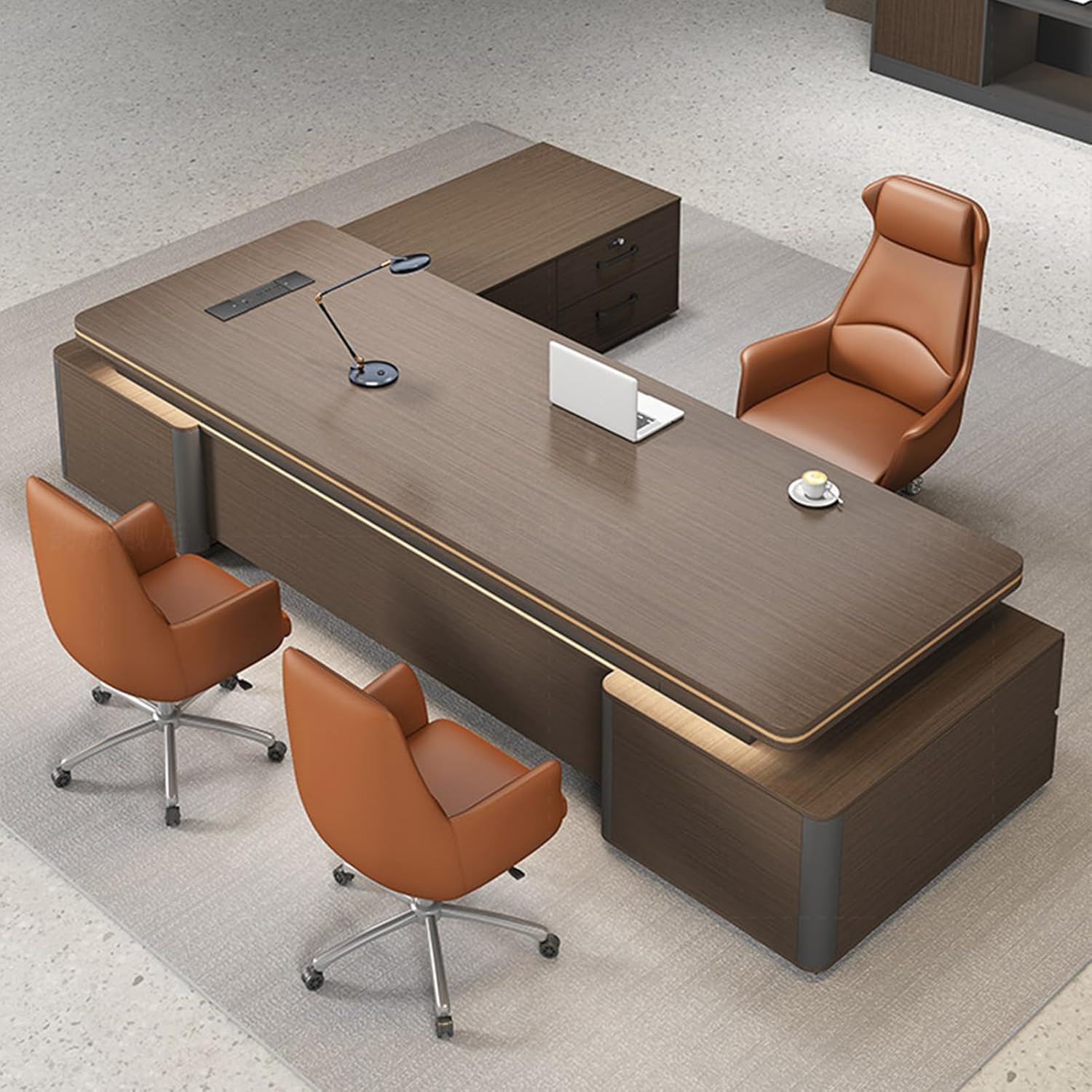 Modern Wood Executive Office Desk, Computer Desk with Lateral Cabinet, Writing Study Table Business Furniture Set for CEO Boss