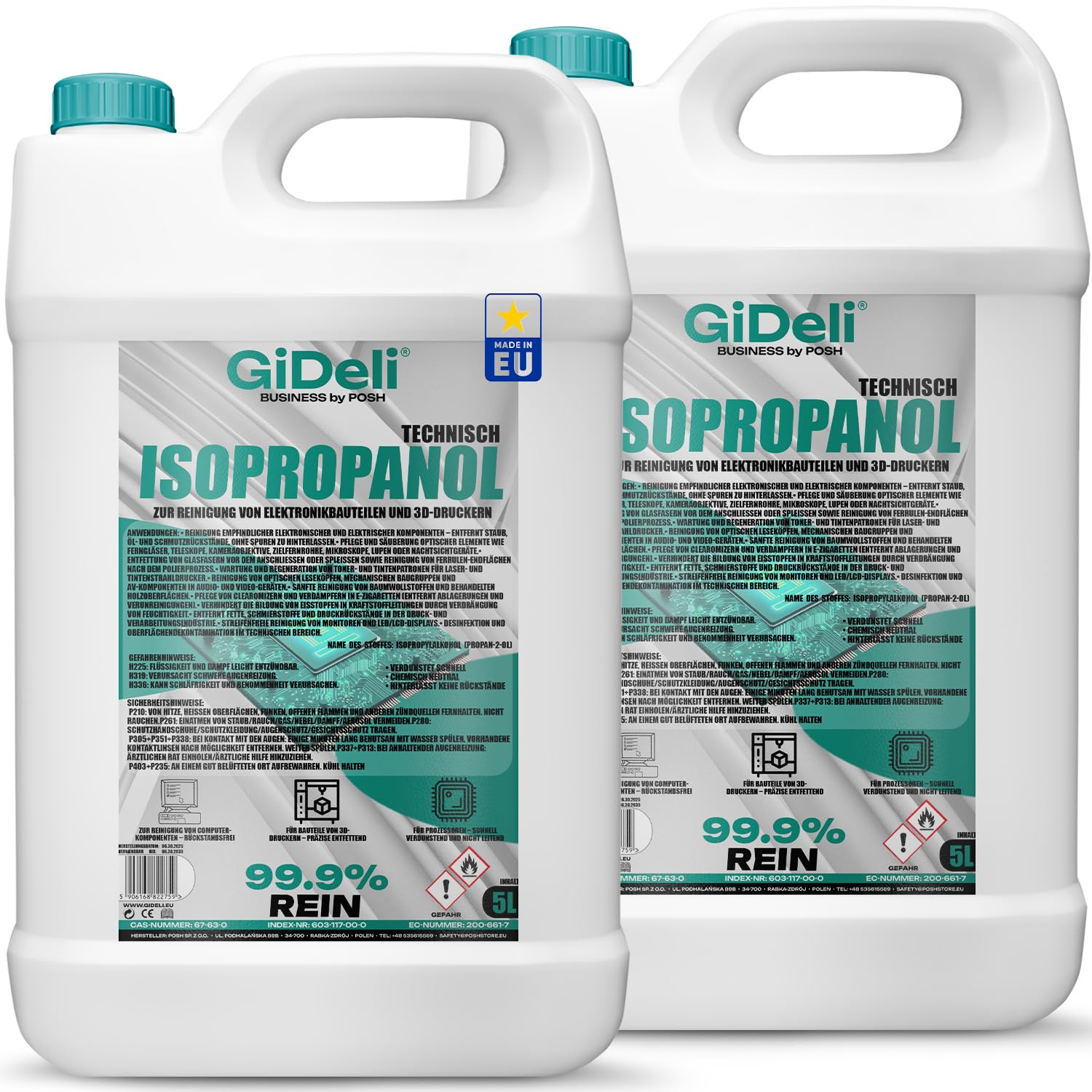 GiDeli Isopropanolo Tecnico 2x 5L - Alcool isopropilico 99,9% - Pulizia di componenti elettronici e accessori per stampanti 3D