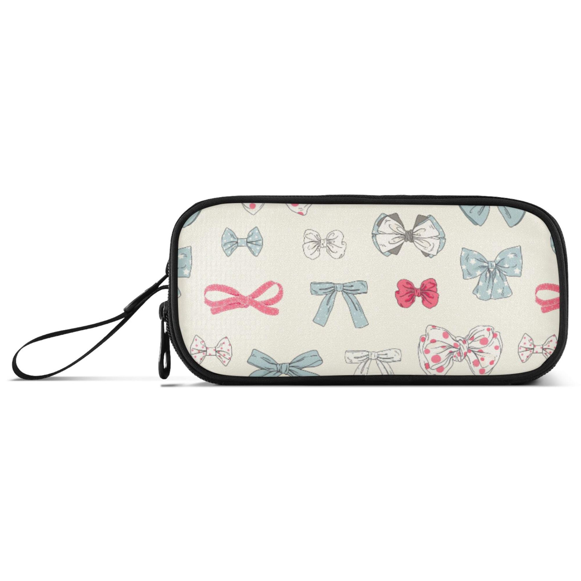 Fisyme Pink Blue Vintage Bow Pencil Case Large Capacity Pen Box Makeup Pouch Holder Organizer Stationery Bag for School Office College Traval Adults
