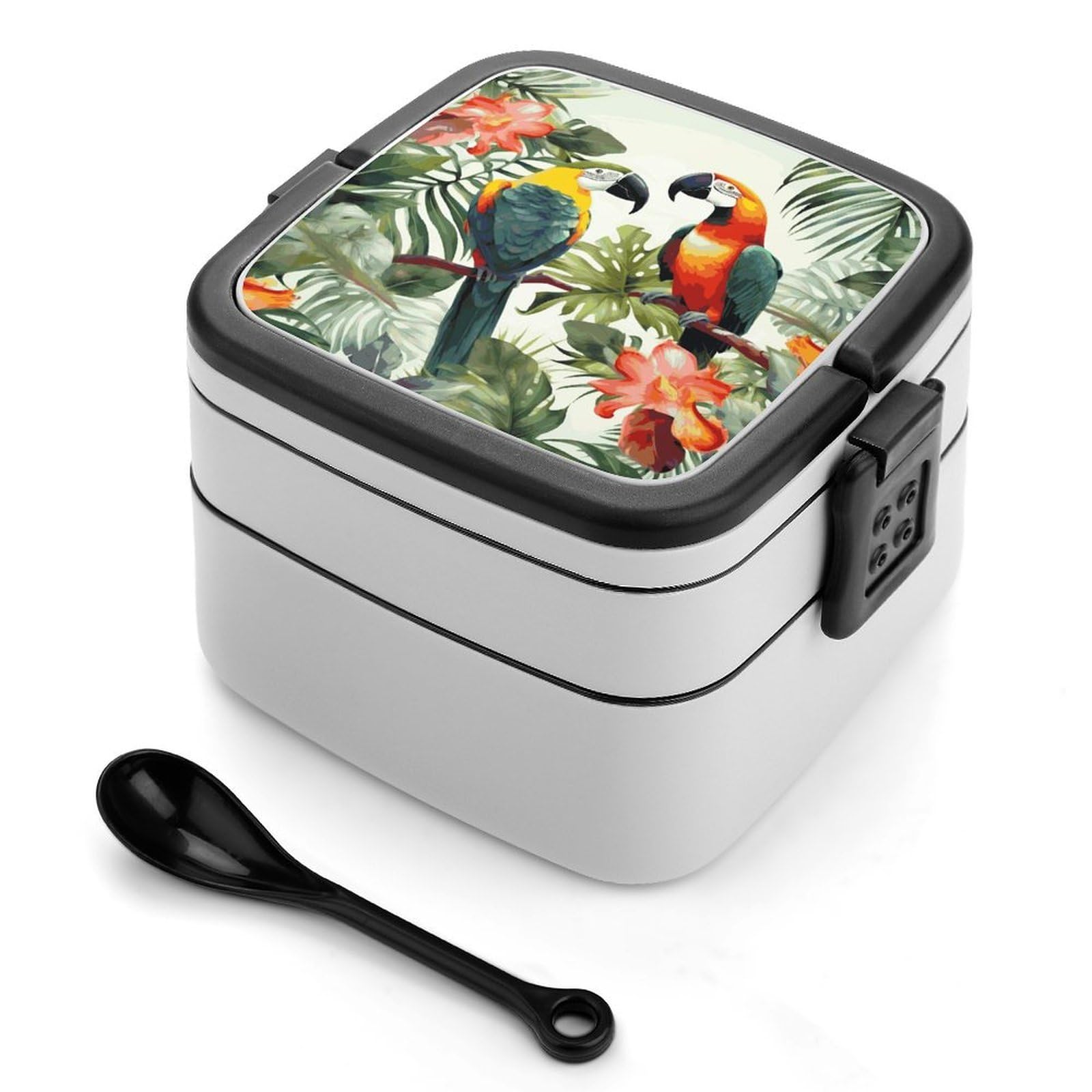JTREHY Toucans Parrot Palm Tree Leaves Lunch Box Double-Layer Portable Lunch Container Stackable Large Capacity Leakproof Bento Box for Dining Out Work Picnics Travel