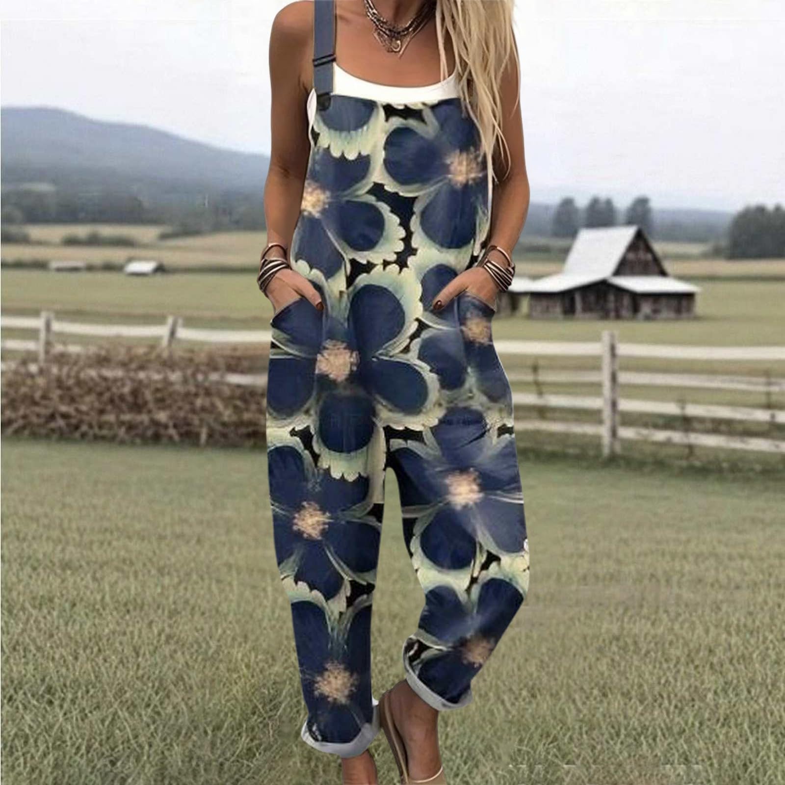 Generico Salopette Donna Estiva Lunga Elegante Tuta Jumpsuit Intera Curvy Casual Moda Stampa Jumpsuits Comoda Larga Pantaloni Da Lavoro Con Tasca Leggera Baggy Salopette da Casa, Playsuit Mare
