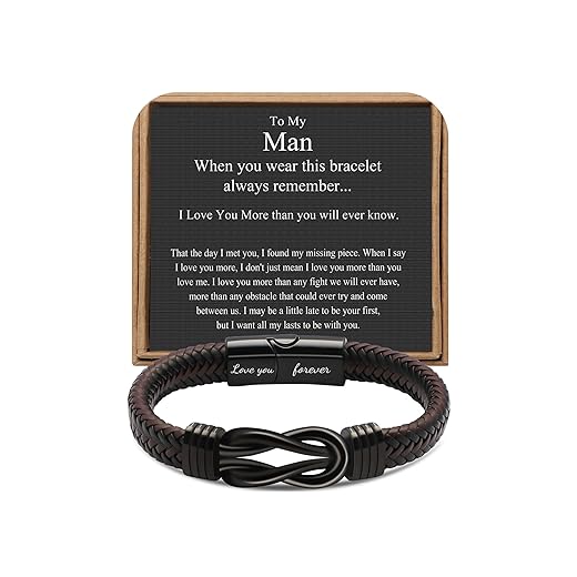 JoycuFF Gift for Boyfriend Husband from Girlfriend Wife, To My Boyfriend Husband Anniversary Birthday Gifts for Him Knot Leather Bracelet for Men Always Linked Together Mens Bracelets Leather