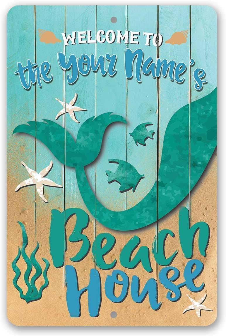 Personalized - Beach House - Great Beachfront Decor and Coastal Welcome Sign, Sea Creature Cute Art Print, Nautical Signage and Ocean Wall Art Print, 8x12 or 12x18 Indoor or Outdoor Durable Metal Sign