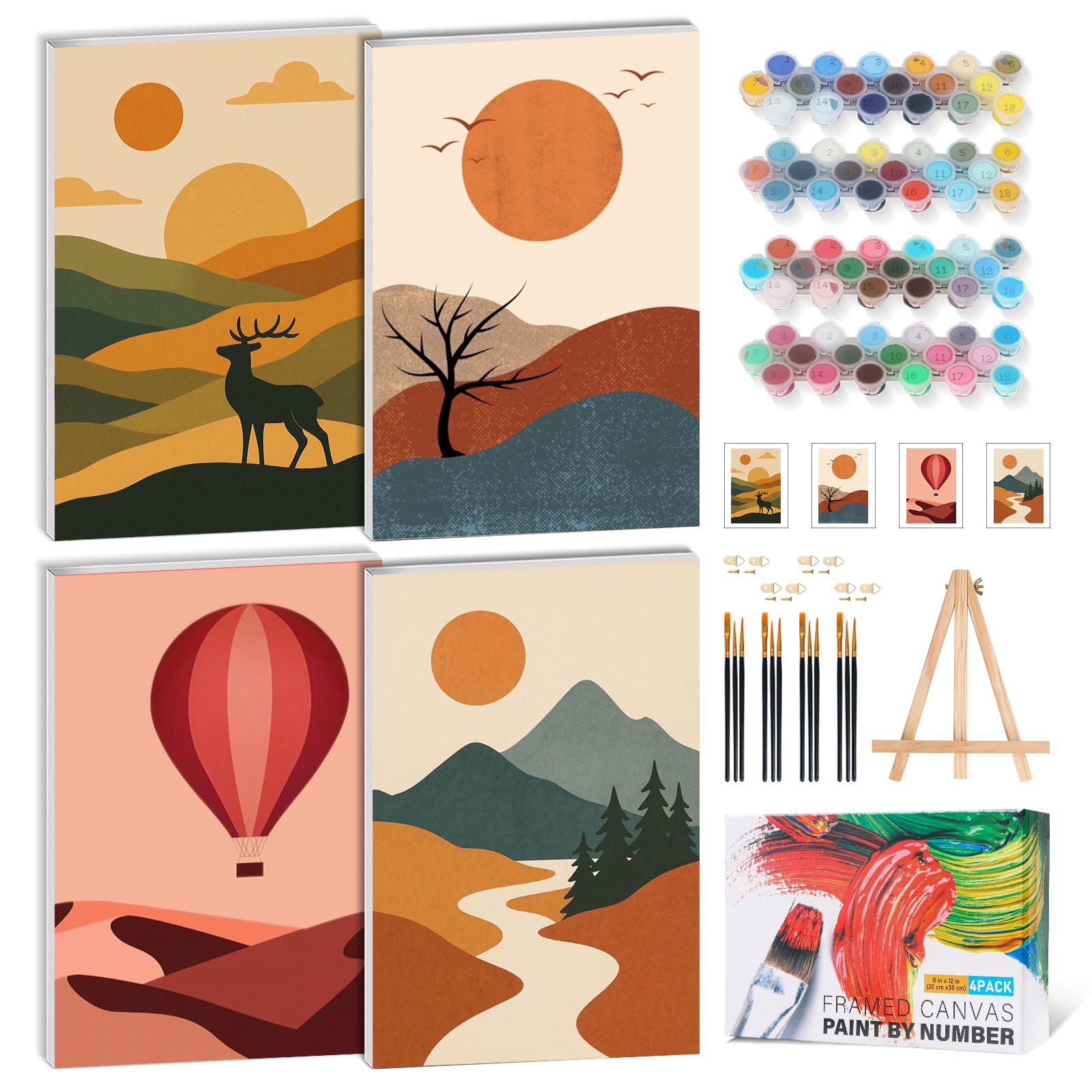 4 Stück Malen nach Zahlen Erwachsene-20x30cm, Sonnenuntergang Malen Nach Zahlen für Erwachsene mit Rahmen Pinsel und Acrylfarben, Handgemalt Ölgemälde Kit für AnfäNger und Eignet sich als Dekoration