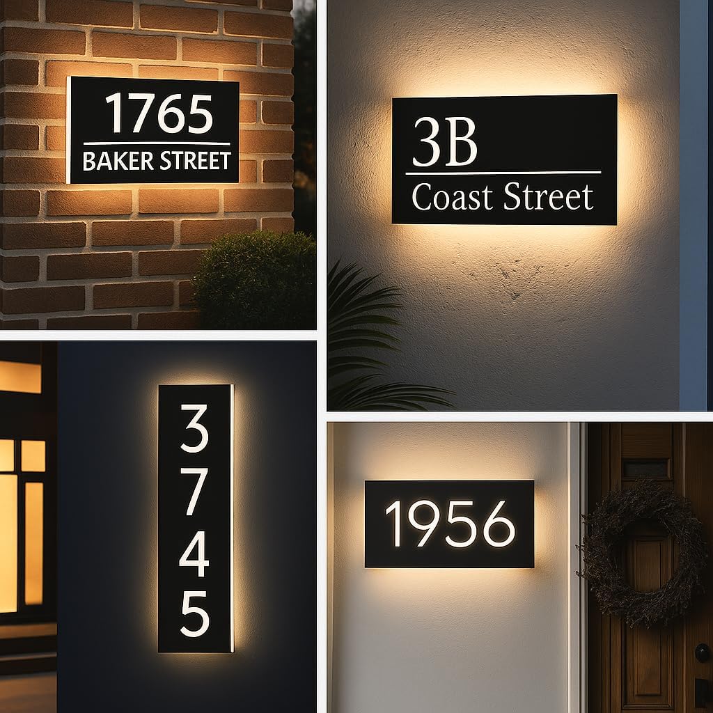 Custom LED House Numbers Sign, Modern Waterproof Backlit Stainless Steel Address Plaque, Personalized Illuminated House Number for Home, Yard, Street, Garage, Shop, Office Solar or Plug-in Power