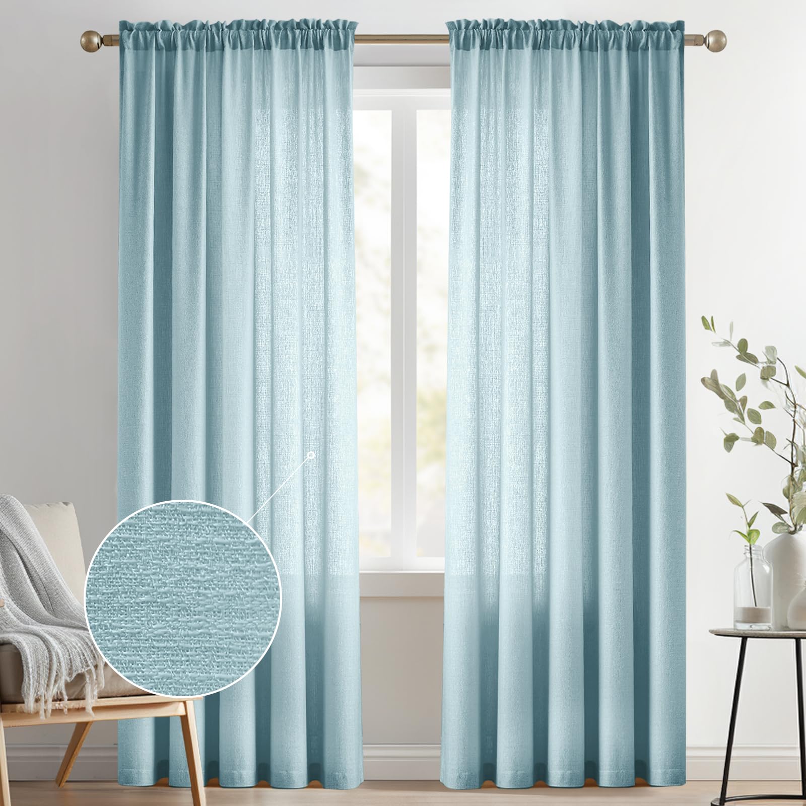 Melodieux Blue Semi Sheer Curtains 84 Inches Long for Living Room - Linen Look Bedroom Rod Pocket Voile Drapes, 52 by 84 Inch (2 Panels)