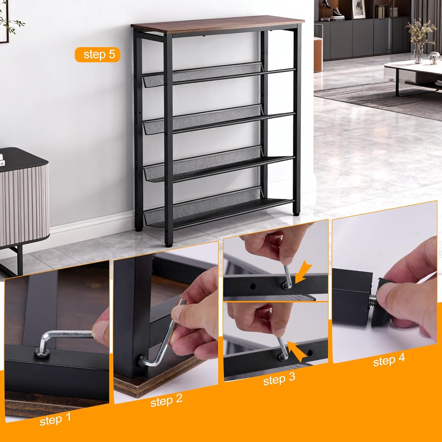 5-Tier Industrial Shoe Rack with Spacious Rustic Brown Top, Adjustable Metal Mesh Shelves, Freestanding Shoe Storage Organizer for Entryway & Closet