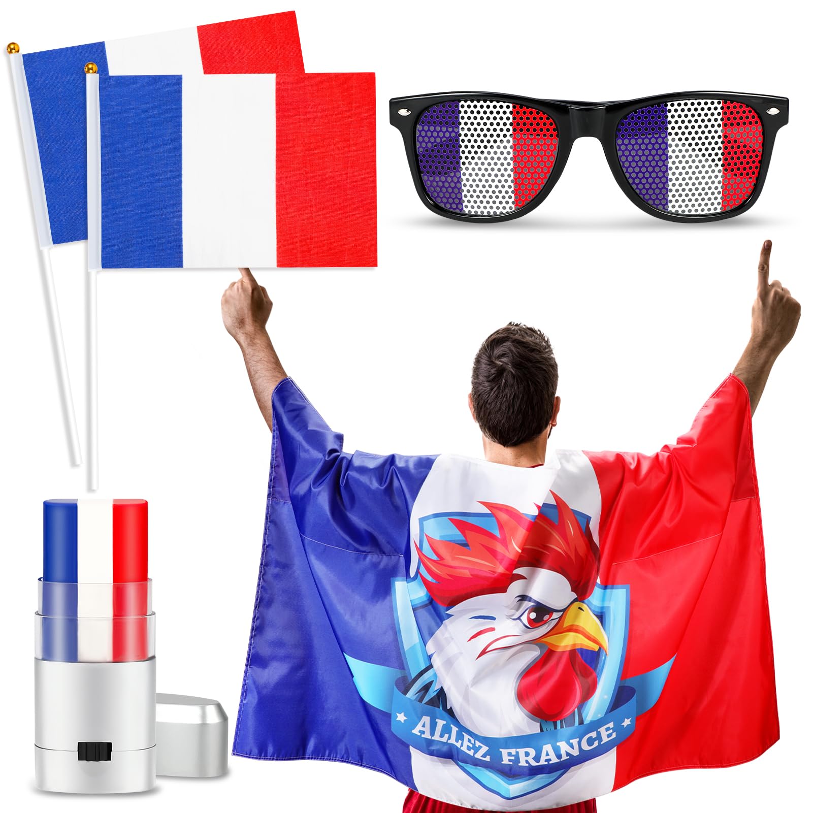 HOWAF Kit Supporter France, Drapeau France Cape, Petit Drapeau Francais, Maquillage Bleu Blanc Rouge, Lunettes pour Accessoires Photobooth Décorations 2026 Football Coupe du Monde