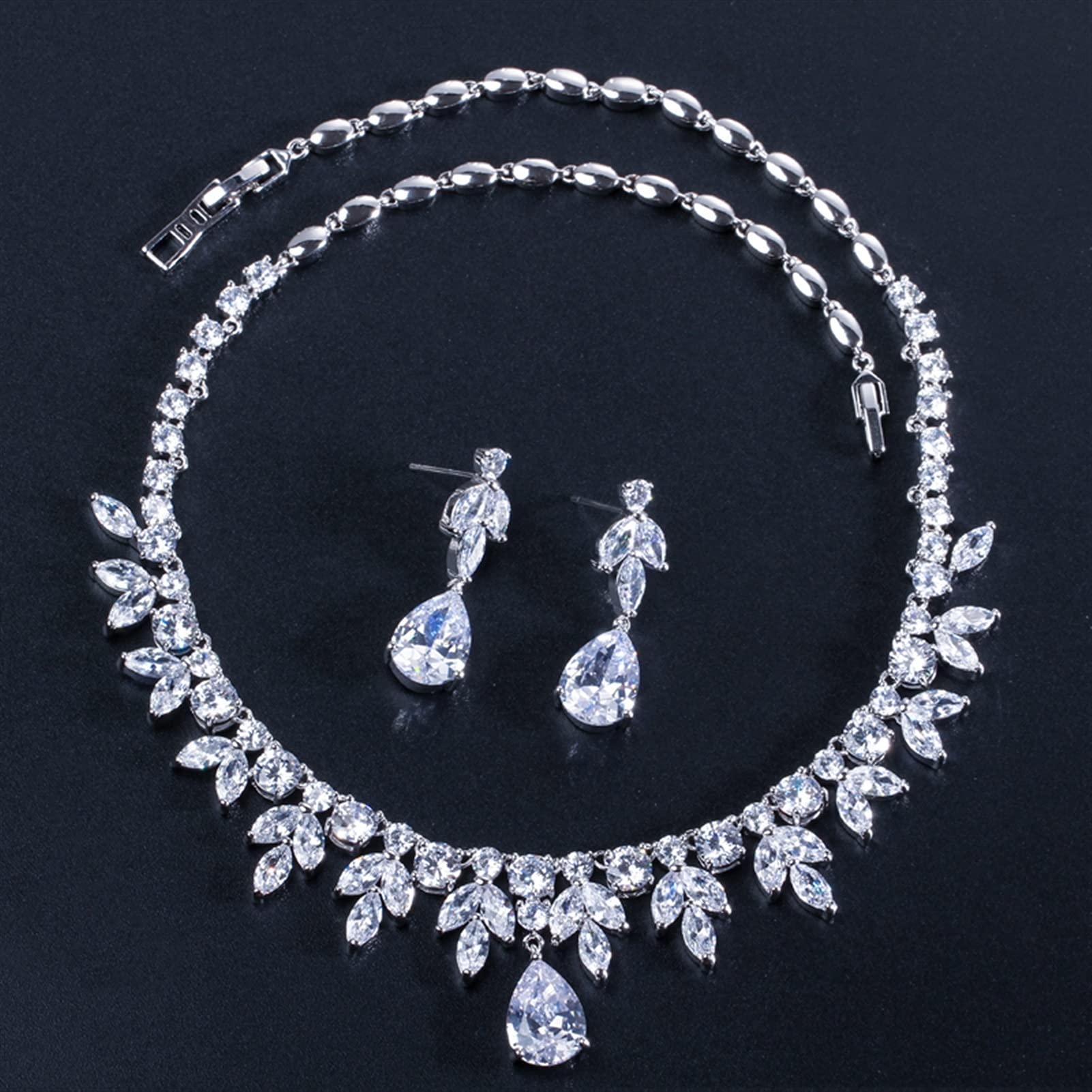 Joyería Accesorios para Fiesta Nupcial Color Plata Zirconia cúbica Collar de Boda Pendientes Conjunto de joyería para Novias