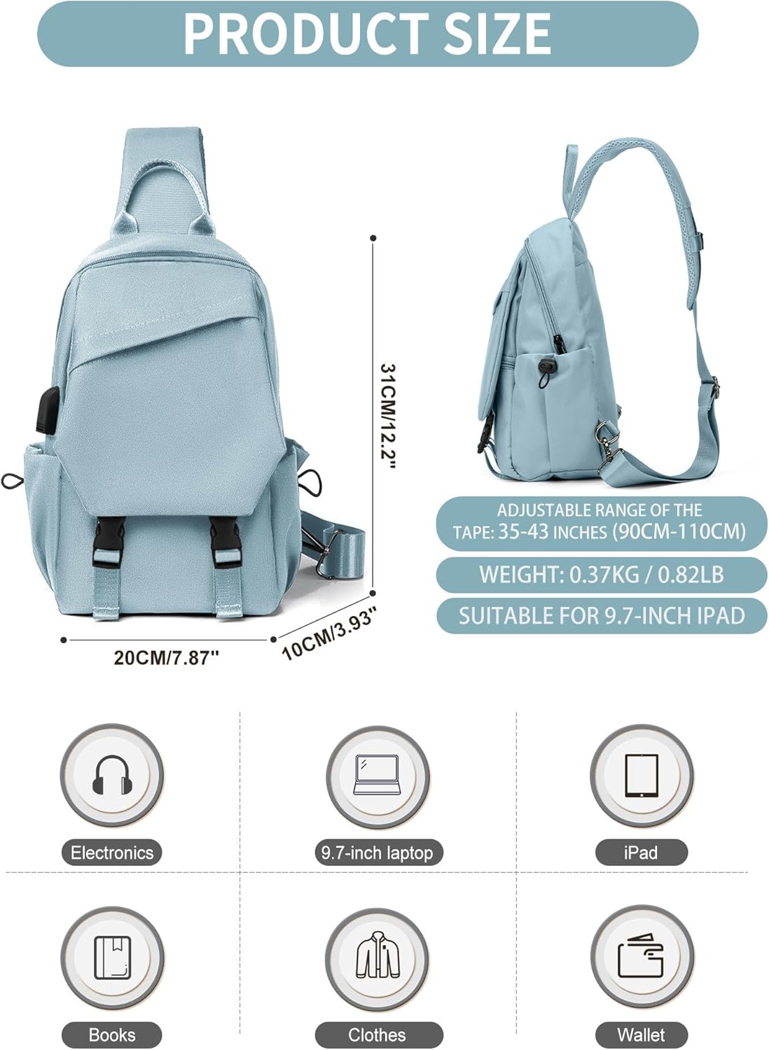 SEAFEW Light Blue Sling Bag for Men Women, Small Anti Theft One Strap Motorcycle Backpack Sling Tactical Chest Bag for Swimming Diving Outdoor Sports - Image 4