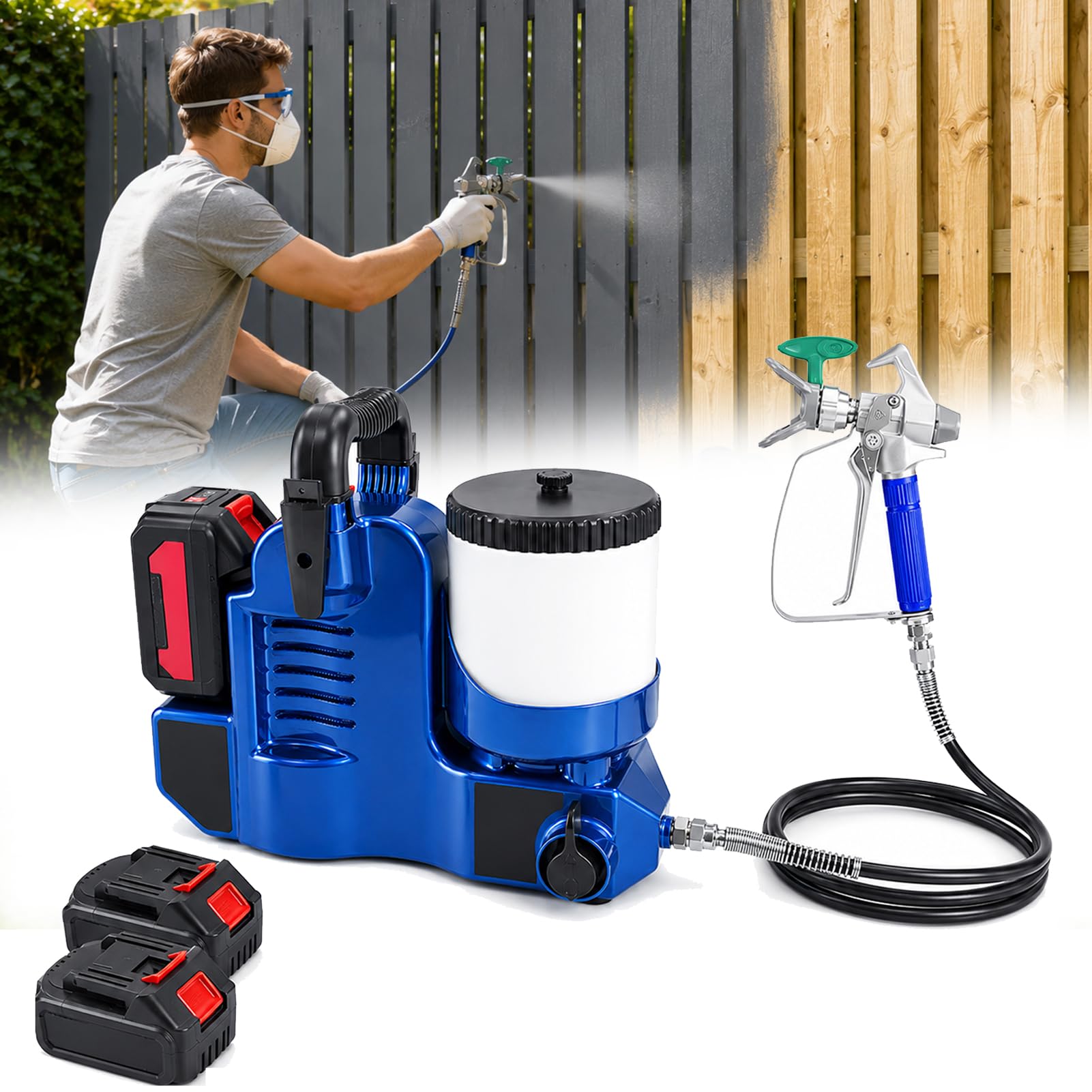 JIANGYUXINLI Electric Paint Sprayer, 650W Cordless Airless Paint Sprayer Gun with 2 Batteries & 1.2L Hopper, 514 Nozzle, 6-Speed Adjustment, 15MPa High-Pressure Handheld Paints for Walls, Ceilings