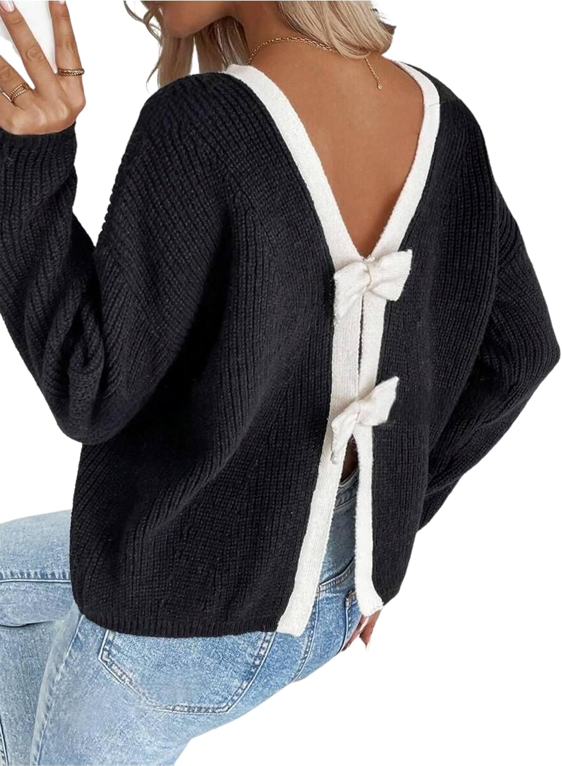 ZAFUL Sweater for Women Backless Bow Knot Decor Color Block Long Sleeves Knit Sweater Pullover