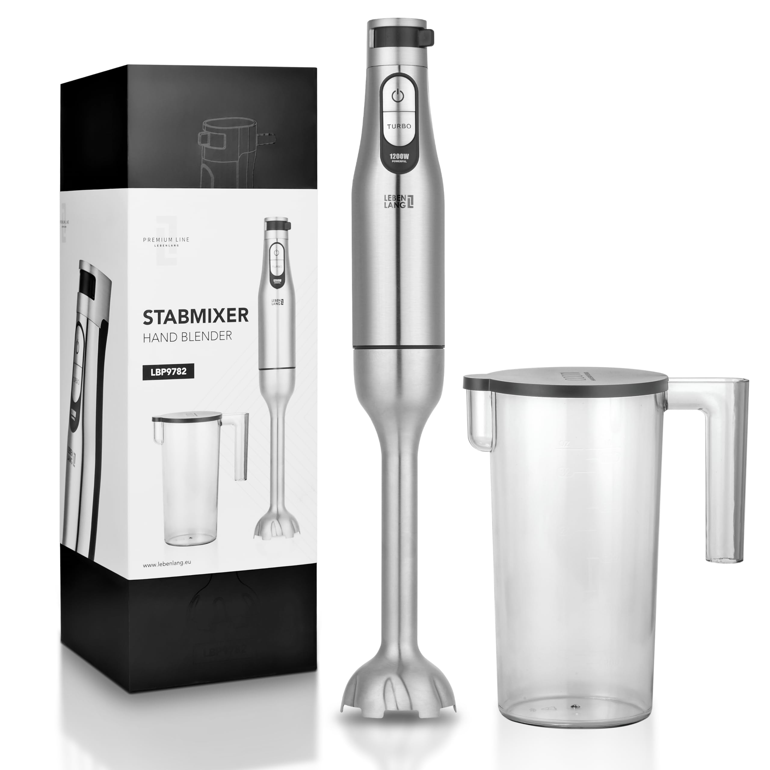 LEBENLANG Premium Batidora mano 1200W acero inoxidable - Incl. jarra medidora de 1000ml & protector contra salpicaduras I Ajuste continuo & turbo I Trituradora de alimentos Minipimer Blender Batidoras