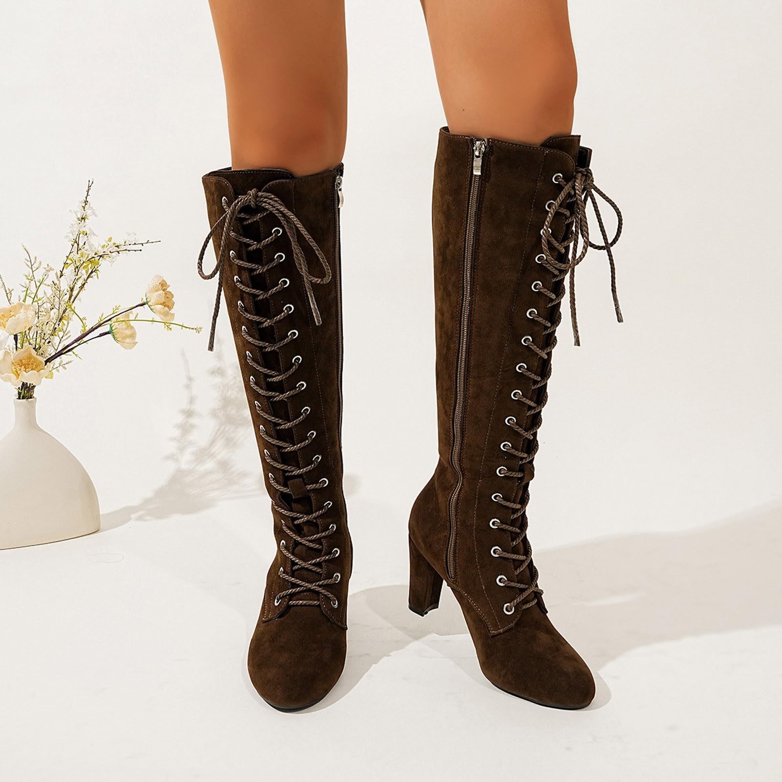 Botas por encima de la rodilla para mujer, botas anchas Shark Boots Botas altas a la rodilla de ante con cremallera lateral y diseño de cordones, cómodas botas con tacón para otoño e invierno