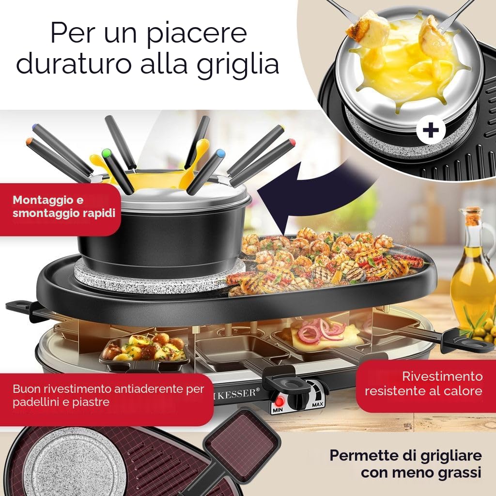 KESSER® Griglia per Raclette 3in1 con pietra naturale per grigliare, piastra per grigliare e fonduta, griglia da tavolo per 8 persone, griglia elettrica da raclette piastra antiaderente