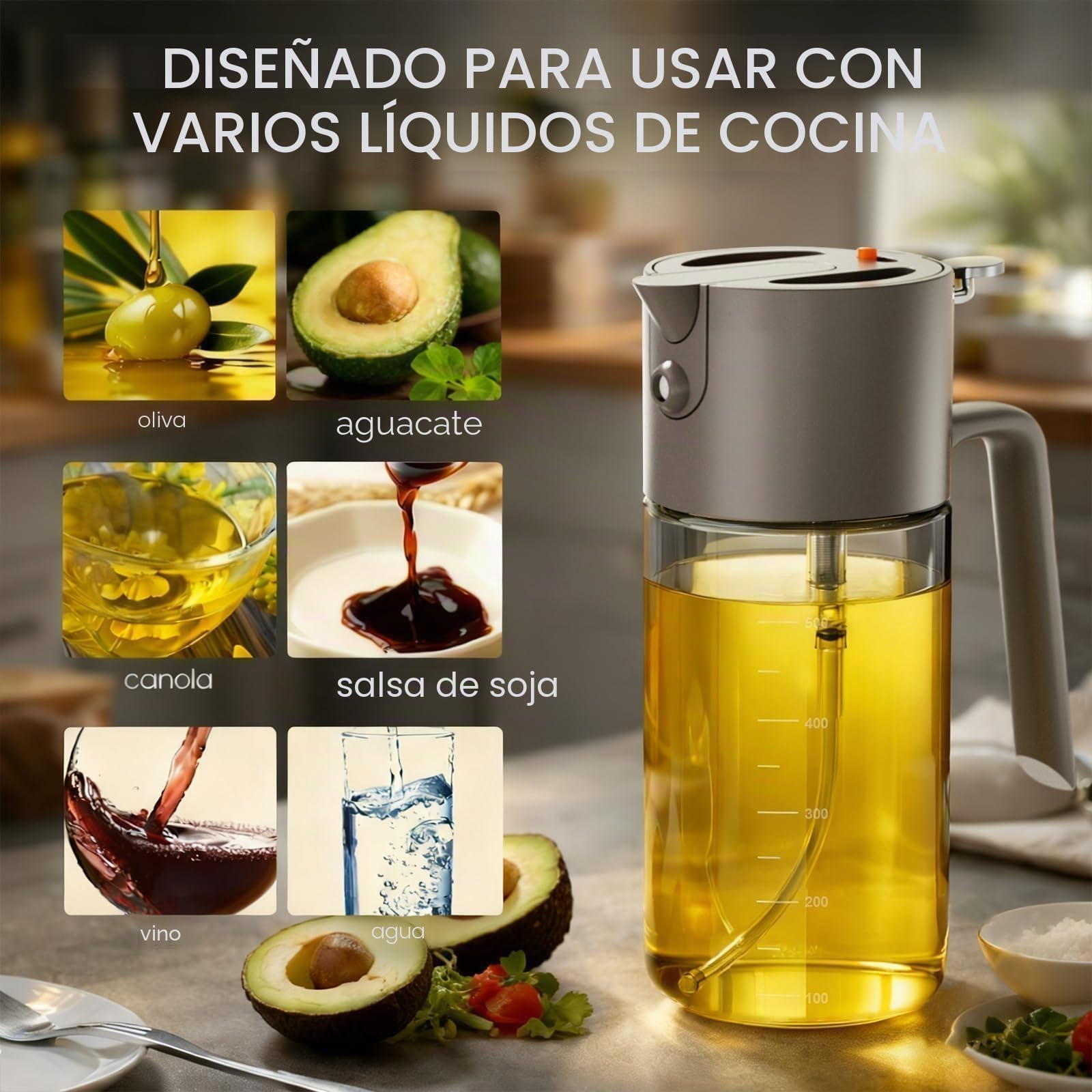 Costop Pulverizador profesional de aceite de vidrio de 500 ml, herramienta de cocina 3 en 1: niebla fina, flujo y vertido, diseño a prueba de fugas para freidora de aire, barbacoa y cocina, sin BPA
