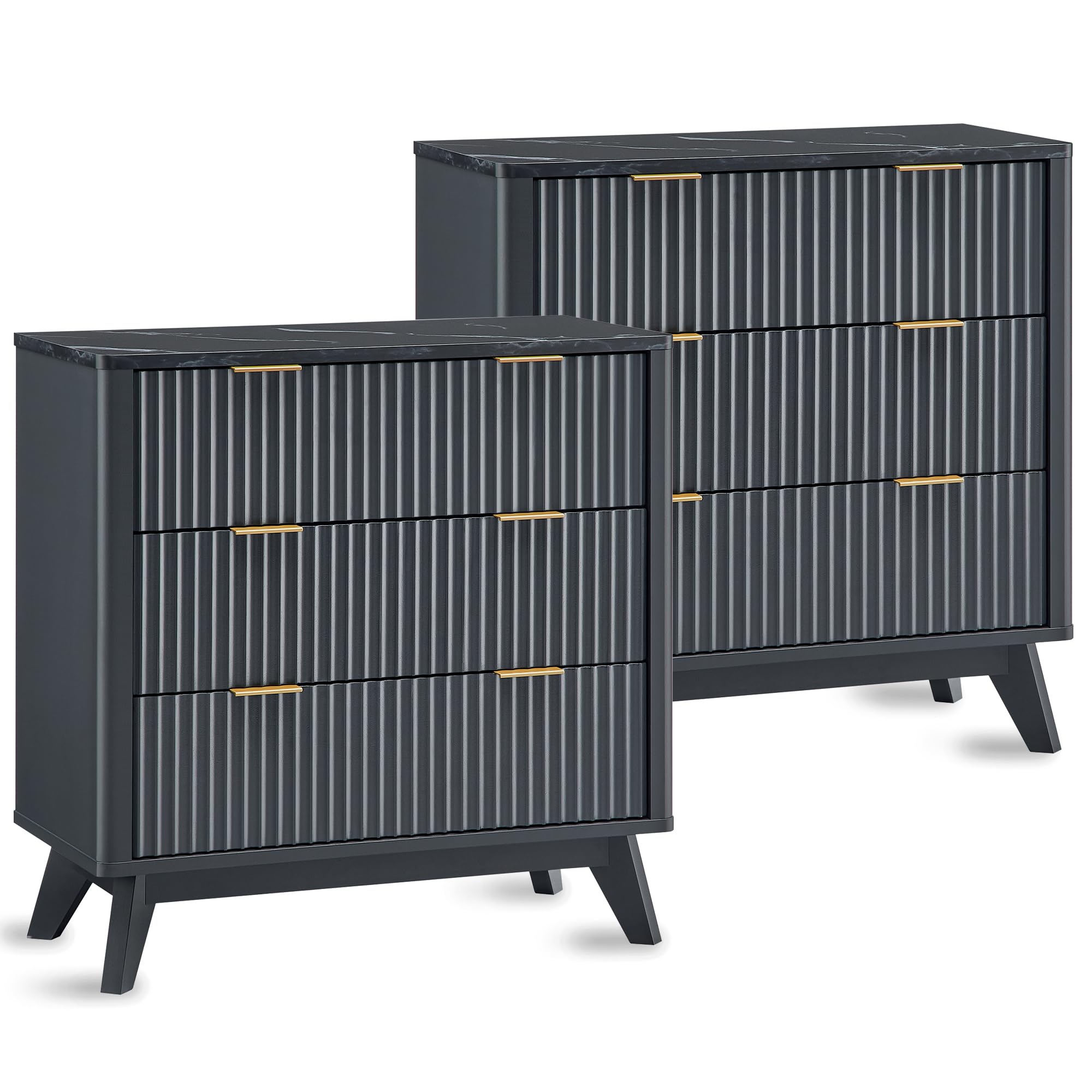 T4TREAM Fluted 3 Drawers Nightstand Set of 2, Oversized Extra Large Modern Side Table with Faux Marble Top, End Table Bedside for Bedroom, Living Room