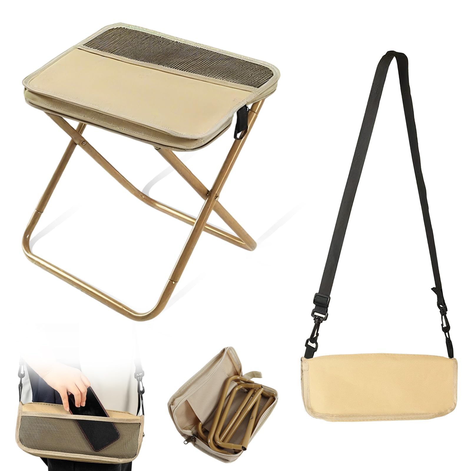 nnOuOnn Portable Foldable Backpack Stool for Camping, Small Folding Chair for adults, Lightweight Mini Pocket Fold Up Telescopic Stools for Fishing Travel Hiking Garden (Khaki, Large)