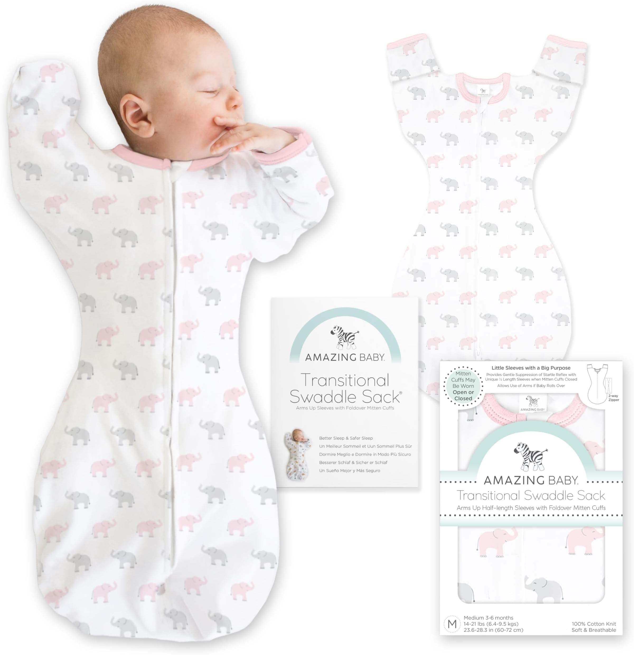 Transitional Swaddle Sack, Arms Up Half-Length Sleeves & Mitten Cuffs, Swaddle for Newborn Transition to Baby Sleep Sack Wearable Blanket, Large, 6-9 mo, 21-24 lb, Pink Tiny Elephants