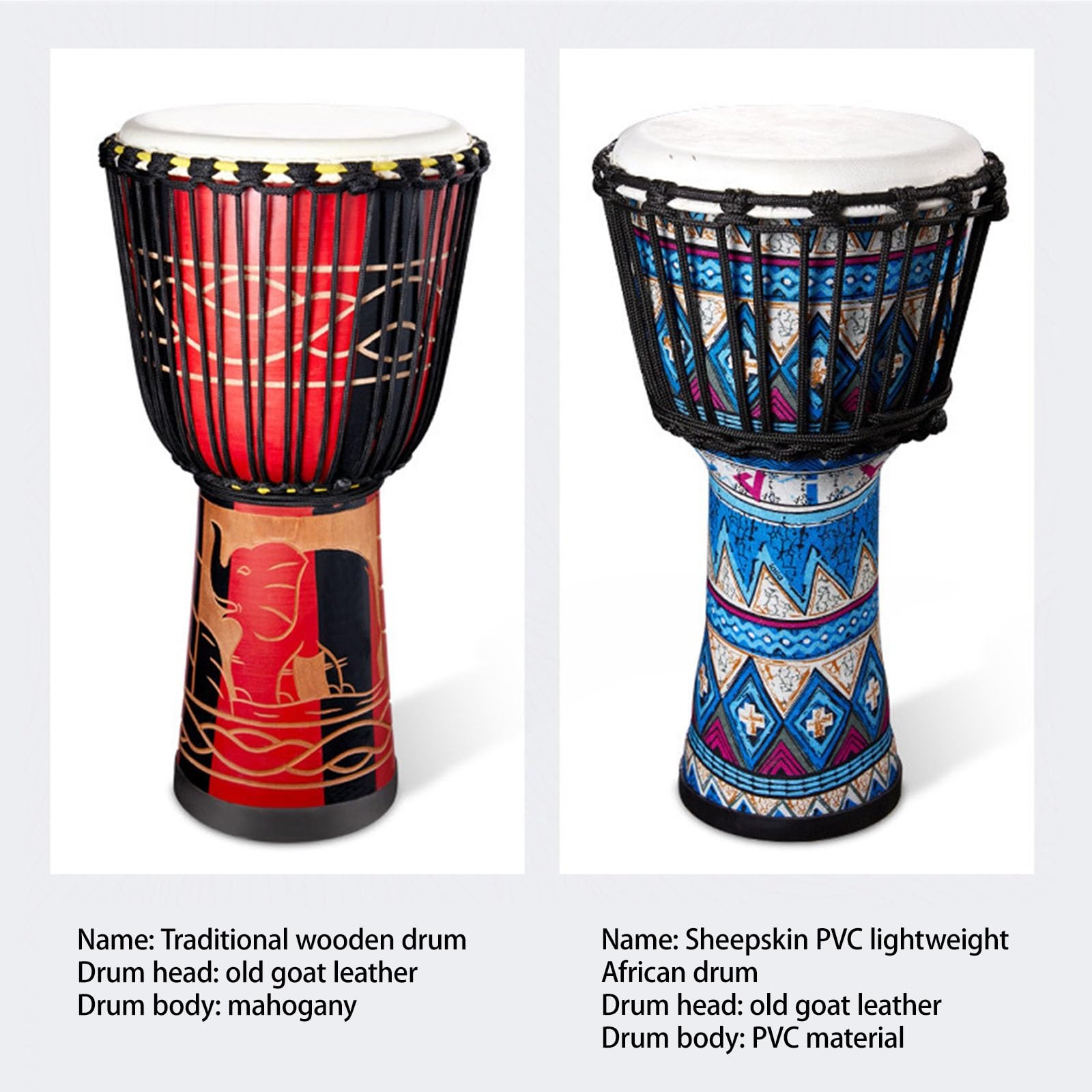 10/12/13 Pulgadas Percusión Yembé Amantes de La Música Tambor Djembe con Bolsa Correa Campana de Mano Djembe Drum Caoba Tambor Africano(Standard 13 B)