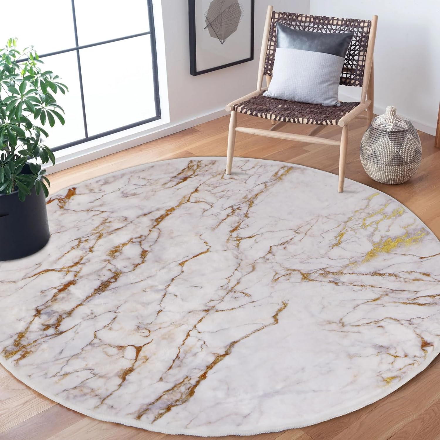 4Ft Soft Circle Rug White and Gold Marble Pattern Round