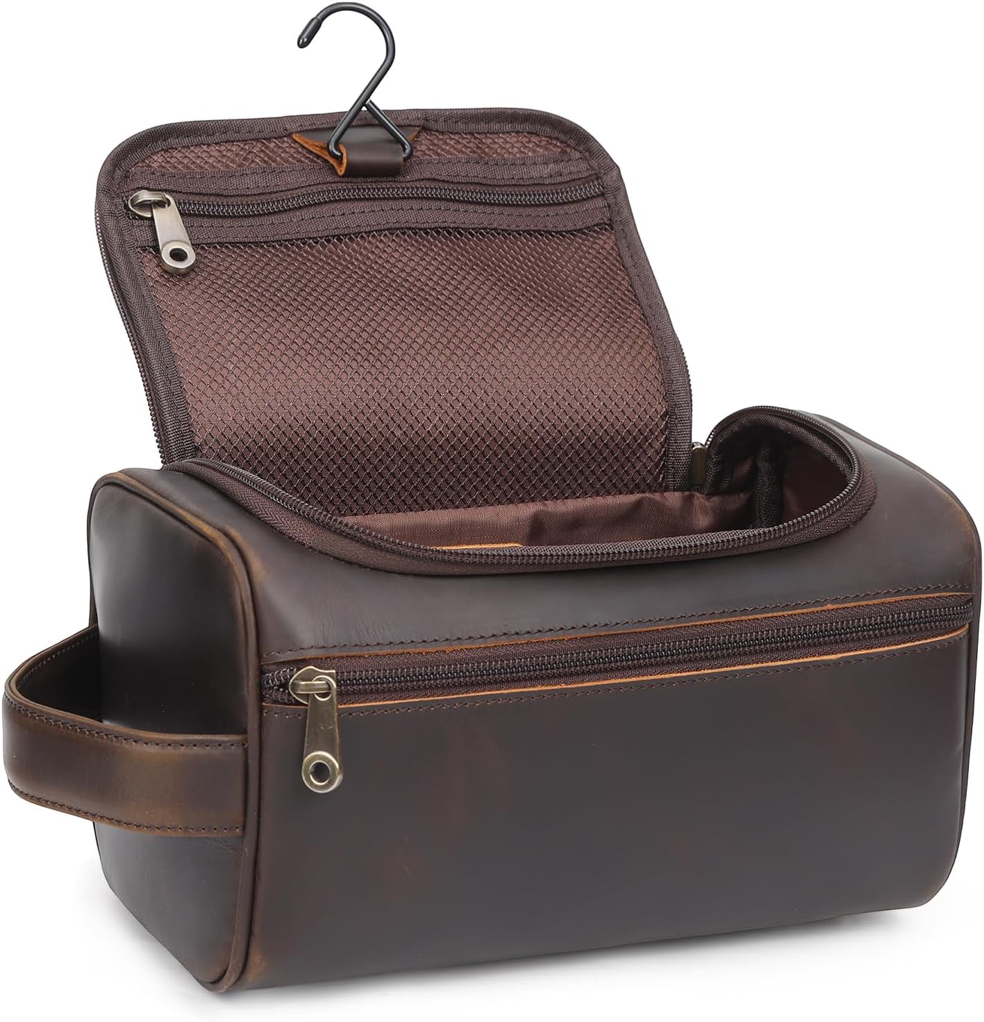 TIDING Mens Leather Hanging Toiletry Bag Travel Shaving Kit Portable Makeup Cosmetic Organizer Wash Case