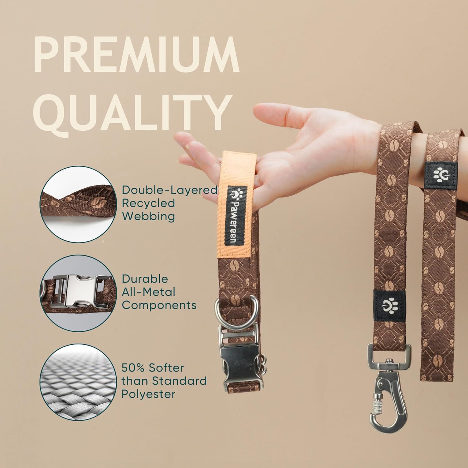 Eco-Friendly Dog Collar and Leash Set, Recycled Soft-Woven Material, Unique Design, Weave Pattern, Cute and Fashionable, Adjustable Size for Small/Medium/Big Dog, Coffee, Size S