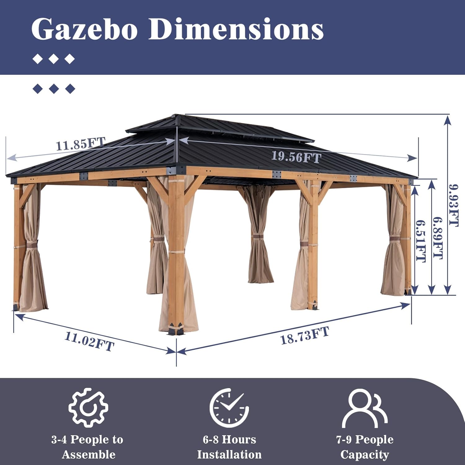 CHARMELEON 12x20 FT Cedar Wood Gazebo,Large Hardtop Wooden Gazebo with 5.5in Thickened Posts&High Load-Bearing Roof&Waterproof Curtains/High-Density Netting for Patio Backyard Outdoor Kitchen