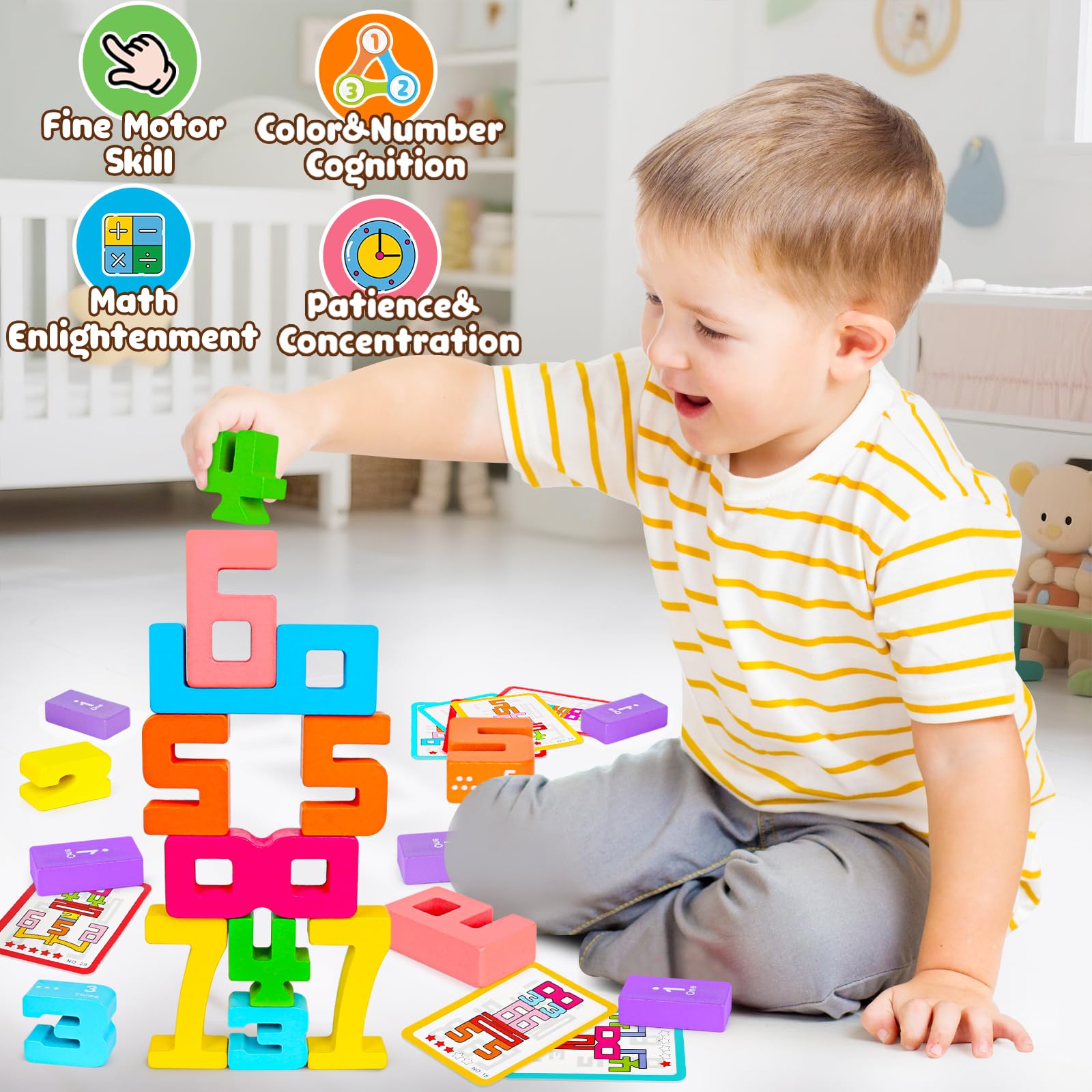 Montessori Wooden Number Building Blocks Toys for Toddlers Kids Stacking Number Blocks 1-10 Preschool Math Learning Educational Toys for 3 4 5 Year Old Boys Girls Gifts 3-5 Balance Competition Game