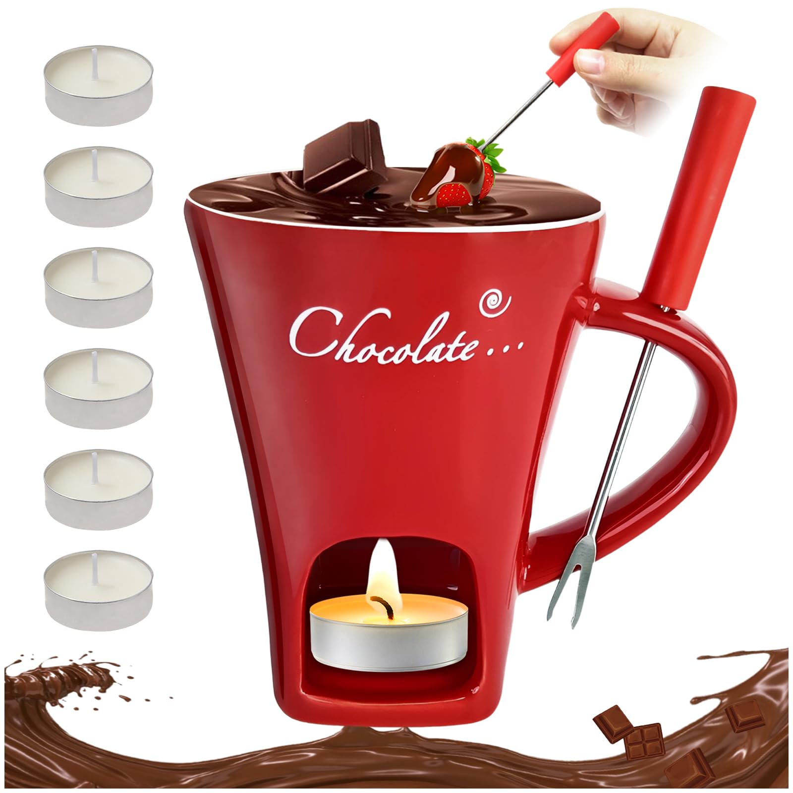 Chocolate Fondue Set with 6pcs Candles 200ml Ceramic Chocolate Fondue Cup with Forks Tea Light Warmer for Chocolate Cheese Butter Red Fondue Melting Pot Hot Chocolate Cup for Date Night Wedding Gifts