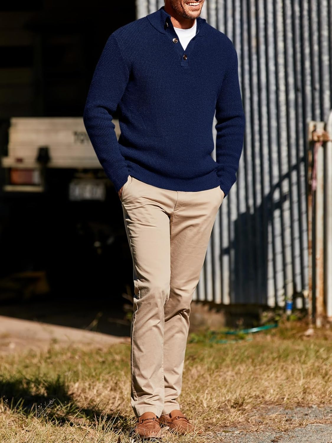 Runcati Mens Pullover Sweater Knitted Quarter Button Stand Collar Casual Thermal Henley Sweaters - Image 4