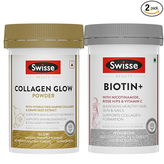 Swisse Flawless Skin Combo - Marine Collagen Powder (30 Servings) & Biotin (30 Tablets)