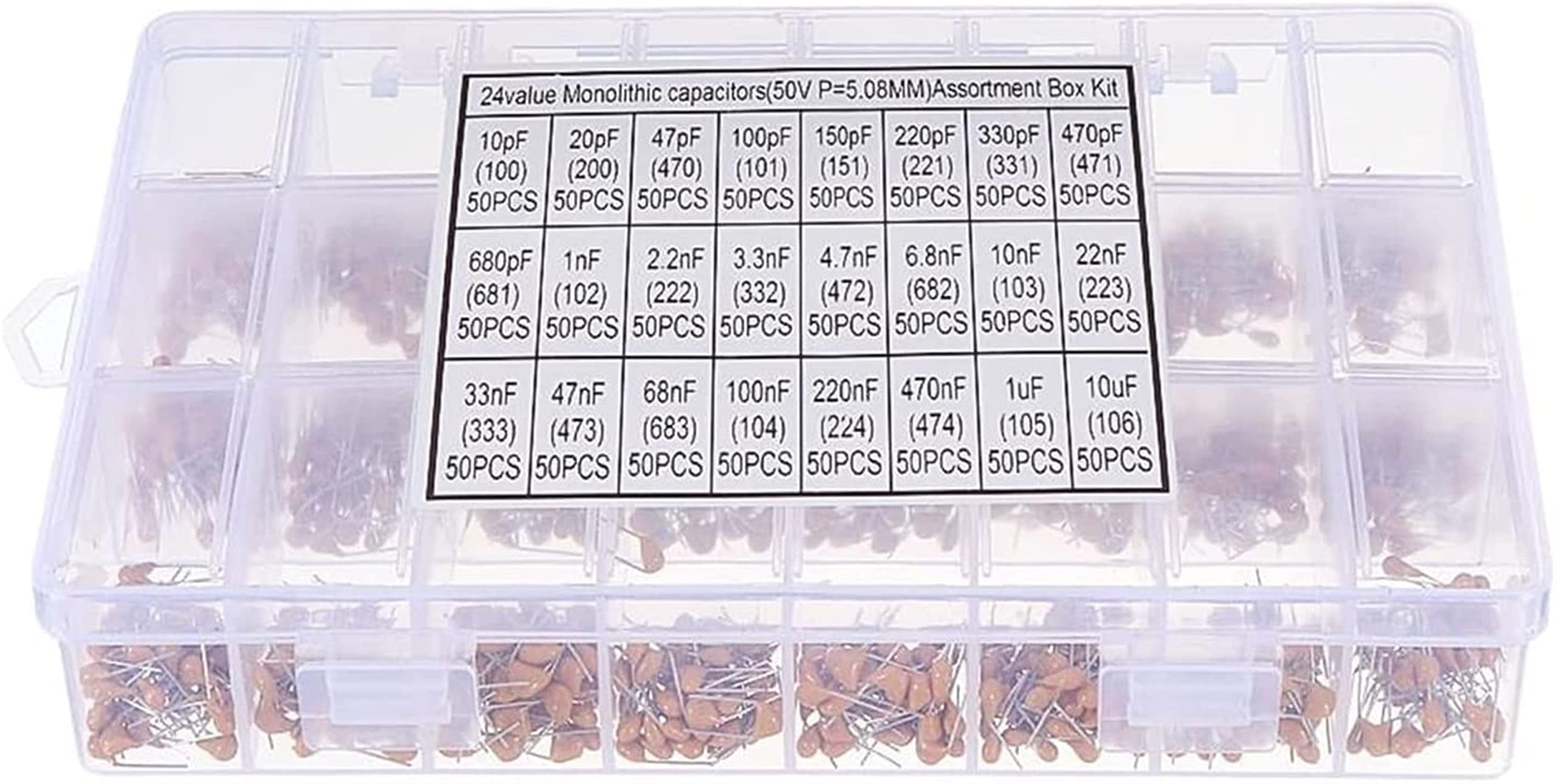 Kit de condensadores 1200 piezas 24 valores 50V 10pF-10uF condensador cerámico monolítico Kit surtido de condensadores