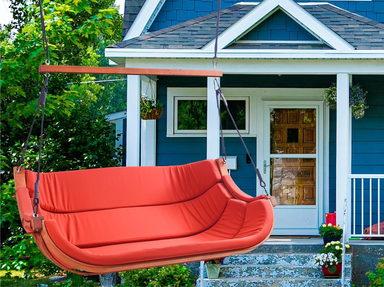 Double Wooden Porch Swing Chair, Curved Frame with Terracotta Cushions